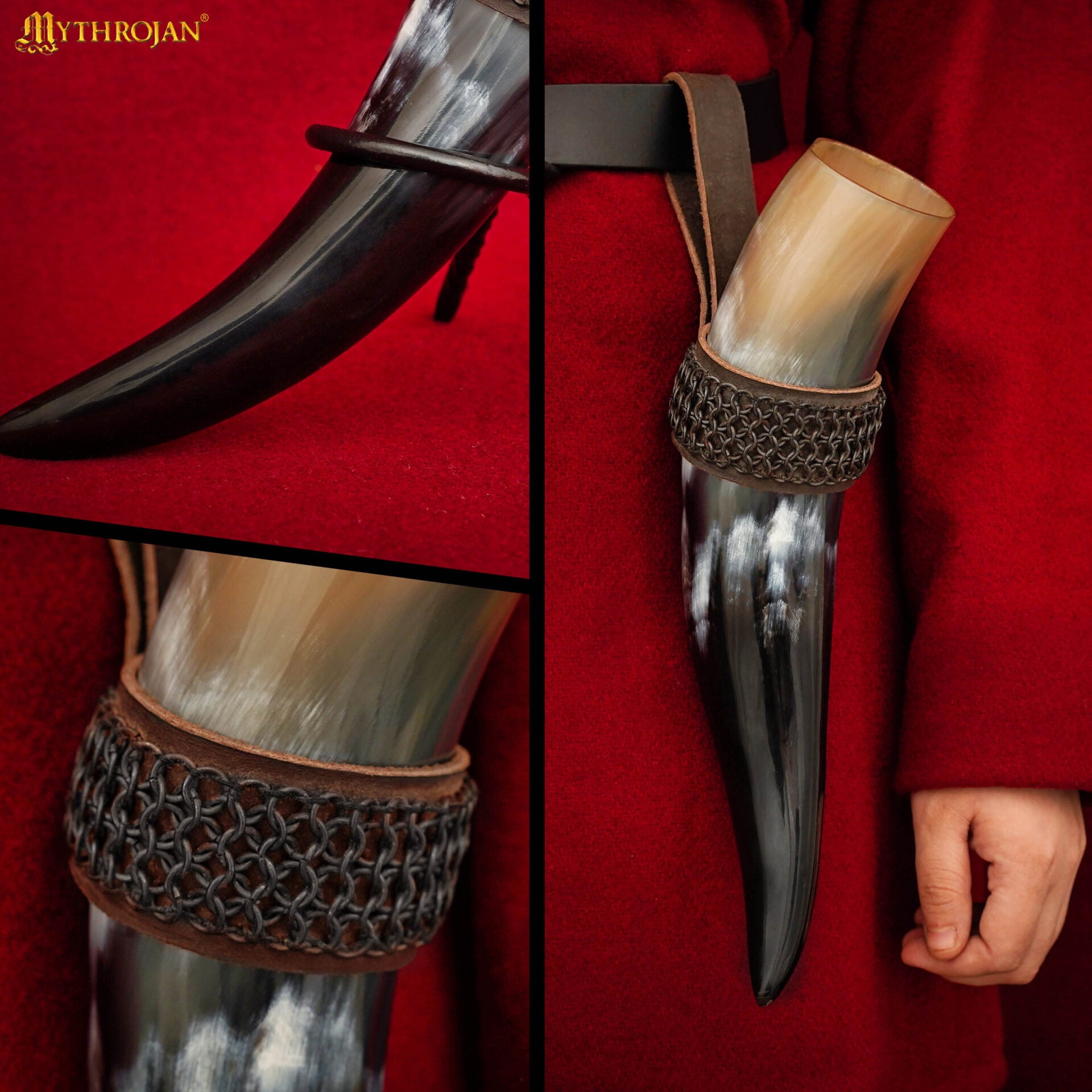 Mythrojan The Witcher Companion Vikingo Cuerno para Beber con Soporte de Cuero Marrón Auténtica Taza de Vino/madera Vikinga de Inspiración Medieval - Acabado Pulido 400 Ml - Imagen 6
