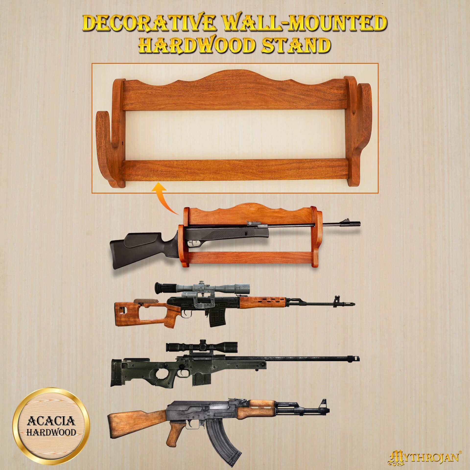 Mythrojan Sólida Madera Dura Pistola Rifle Display Wall Mount Stand 24 "x5.1 "x11.2" - Imagen 6
