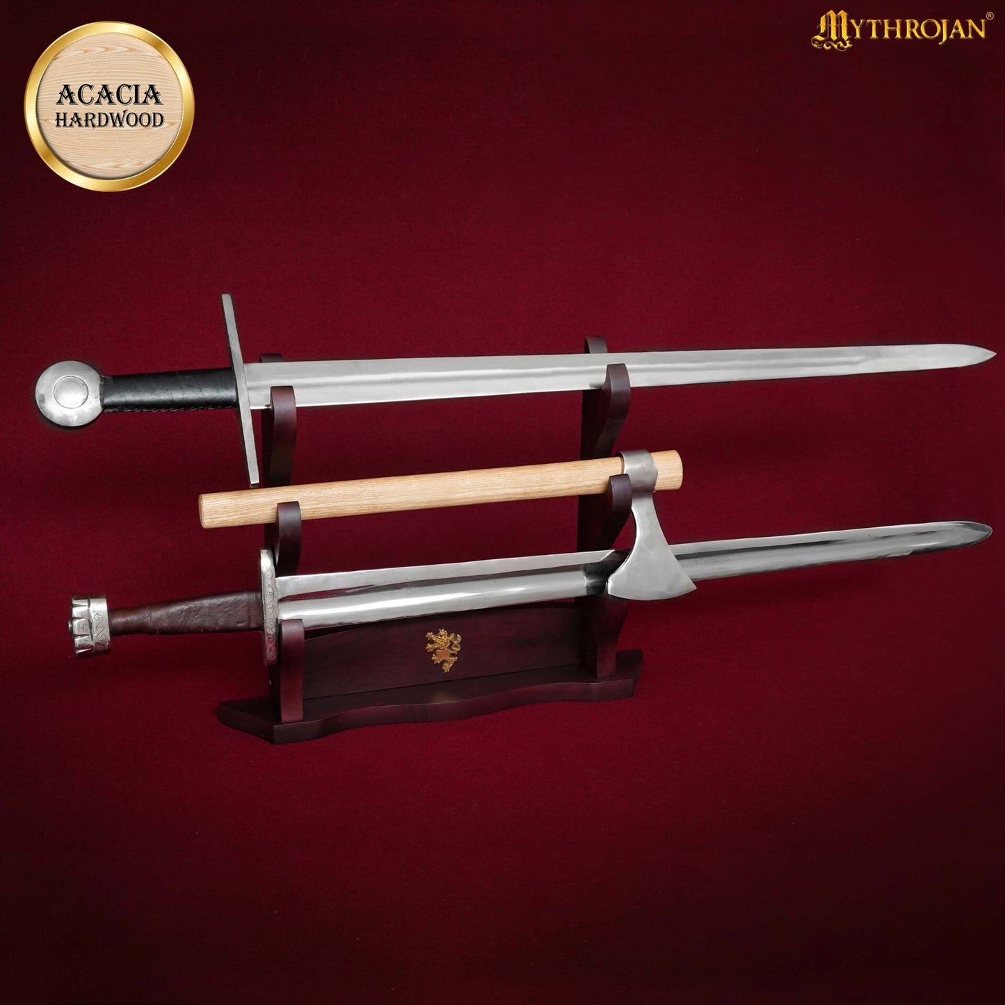 Mythrojan Soporte para Espada de Madera Maciza Tres Soportes con Decoración - Imagen 7