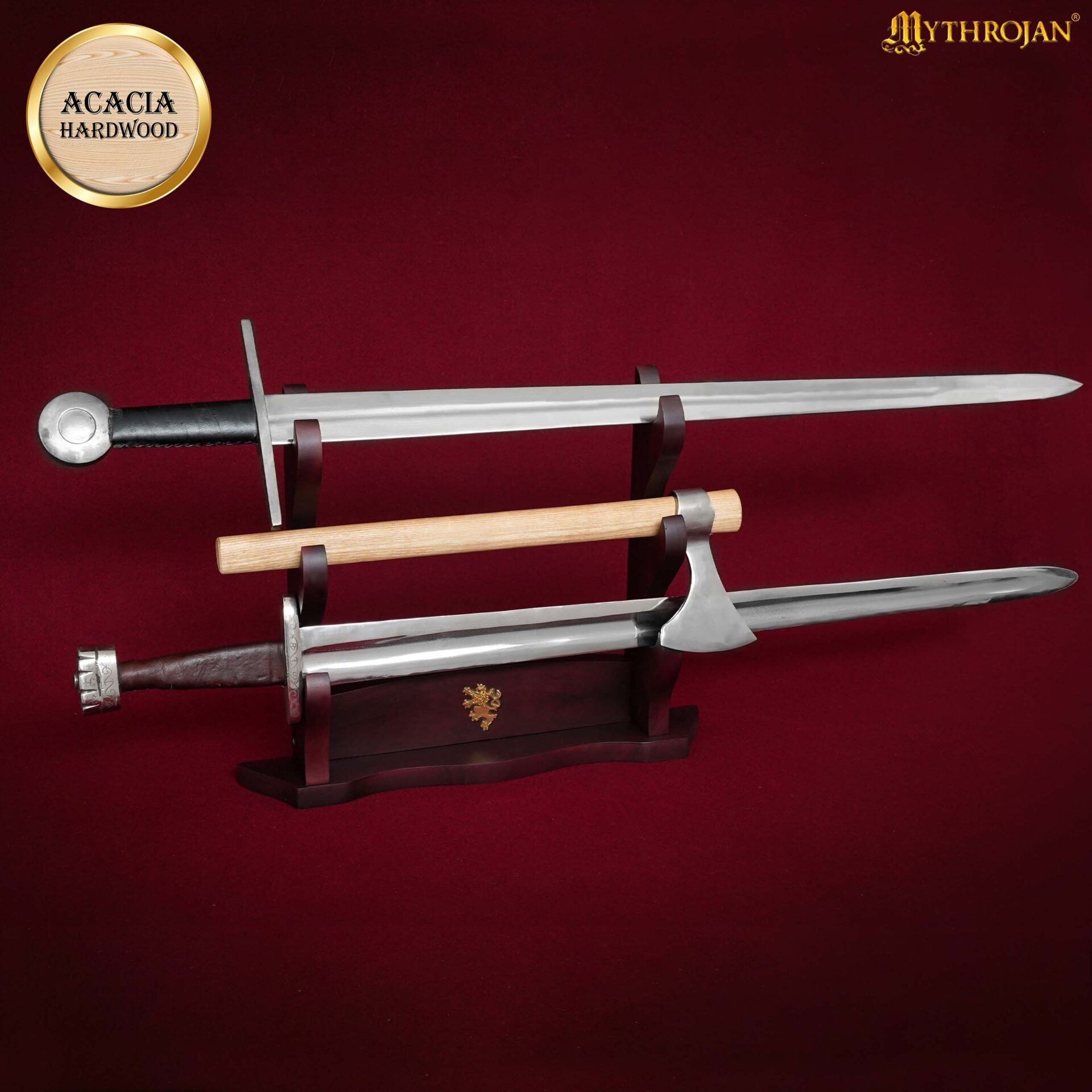Mythrojan Soporte para Espada de Madera Maciza Tres Soportes con Decoración - Imagen 7