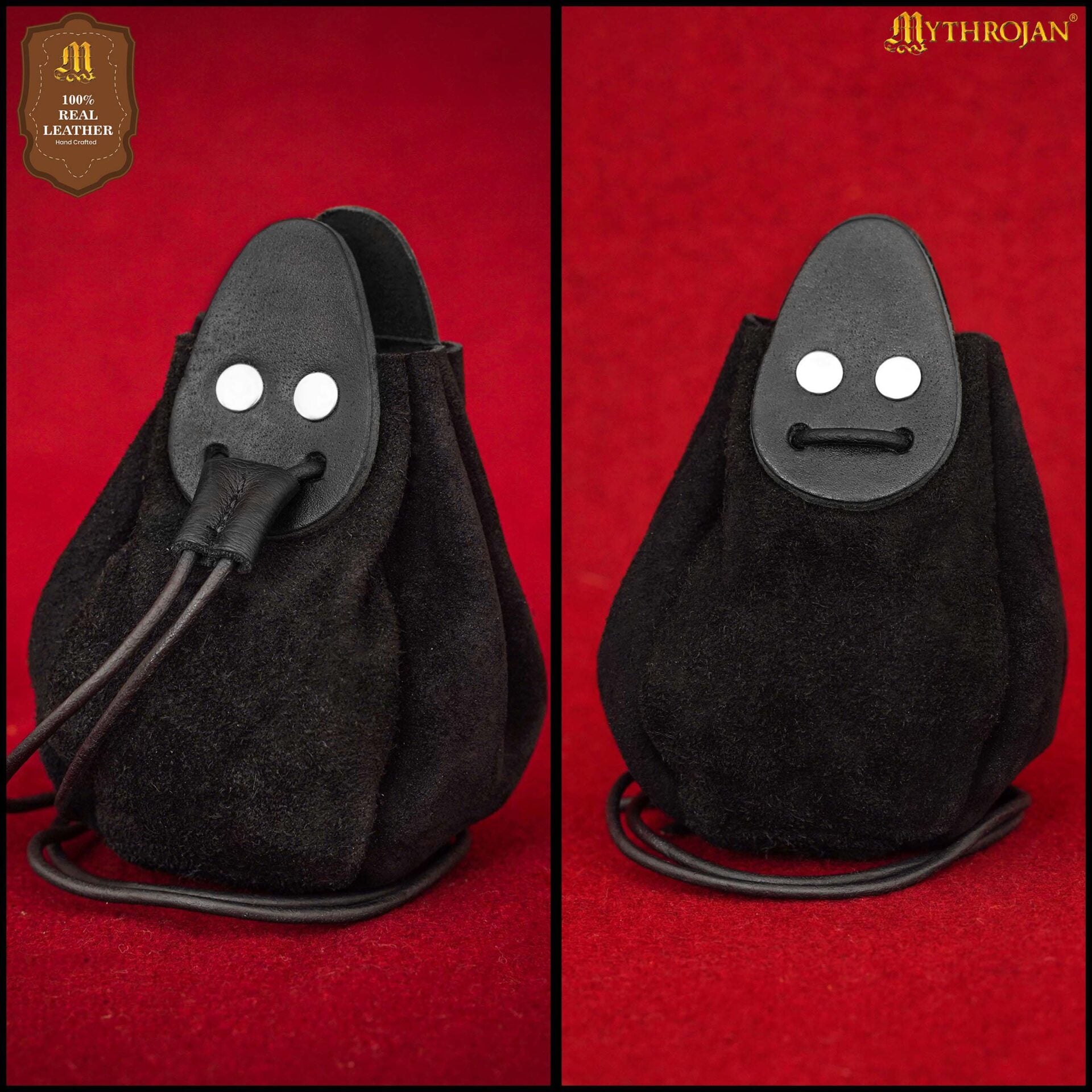Mythrojan "gold And Dice" Drawstring Pouch, Ideal For Sca Larp Reenactment & Ren Fair - Suede Leather Pouch, Black, 4 - Imagen 10
