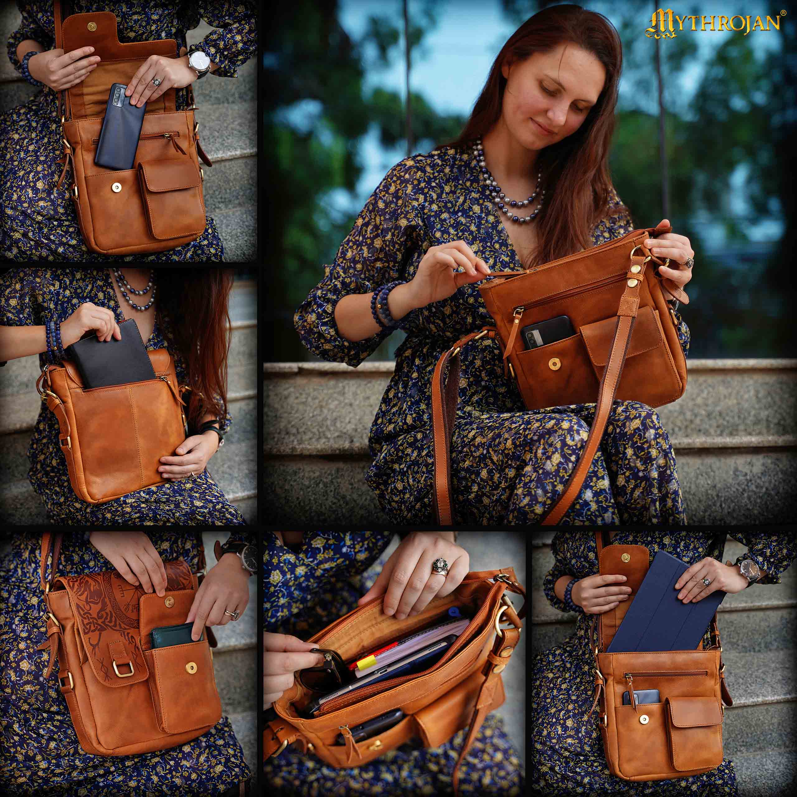 Runa Nórdica de Cuero Messenger Satchel Bag - Viking Rune Cross Body Bag - Imagen 11