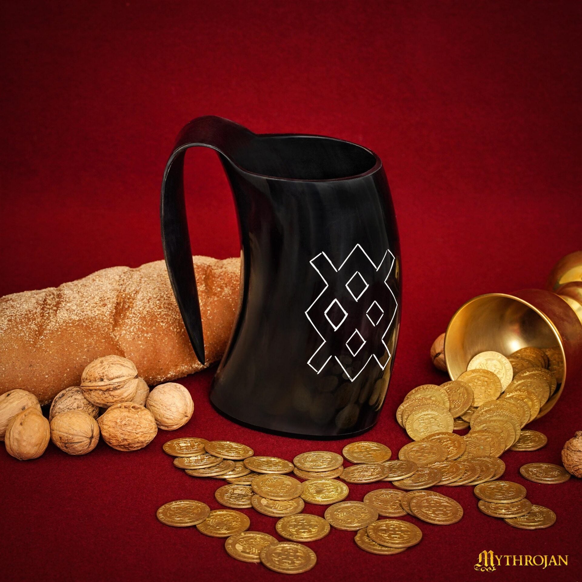 Vaso Mythrojan Vaso Vikingo con Asa y Hebilla Medieval Renacimiento con Correa de Cuero - Patern Único 800ml - Imagen 7