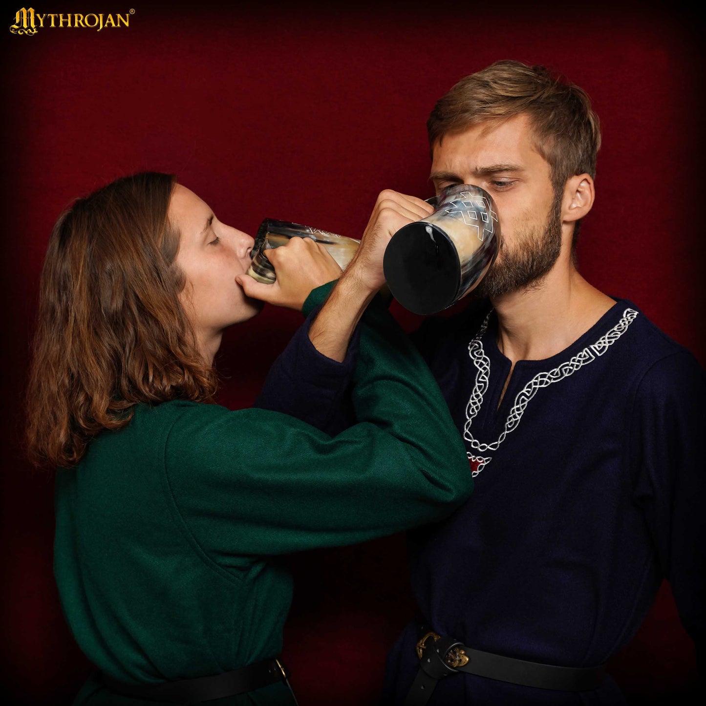 Vaso Mythrojan Vaso Vikingo con Asa y Hebilla Medieval Renacimiento con Correa de Cuero - Patern Único 800ml - Imagen 8