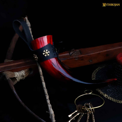 Taza Medieval para Beber Hidromiel 400ml Rojo Vikingo Cuerno de Buey con Soporte de Cuero Negro Pulido - Imagen 13