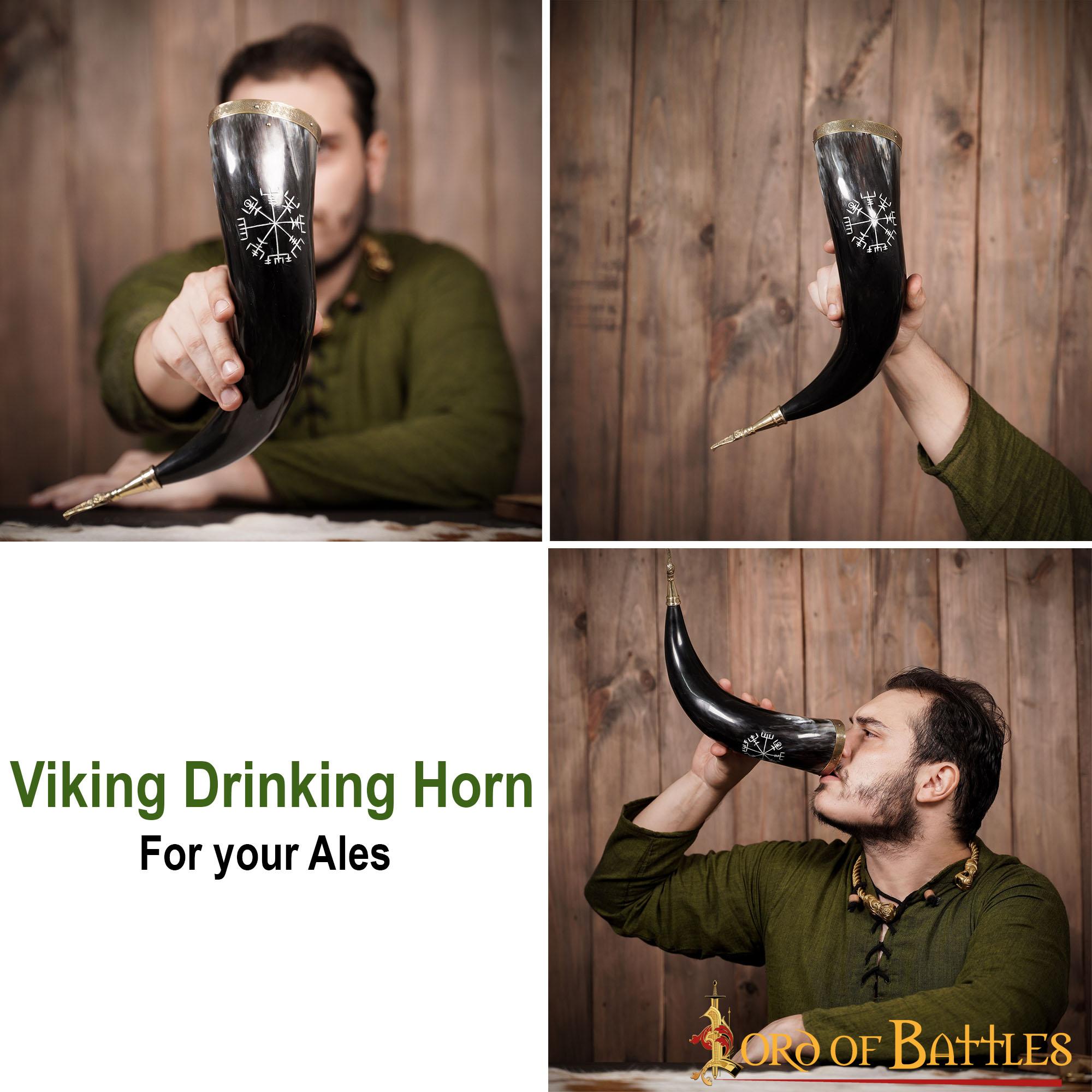 Cuerno Vikingo para Beber con Runa Vegvísir Grabada - Borde y Punta de Latón - Imagen 26