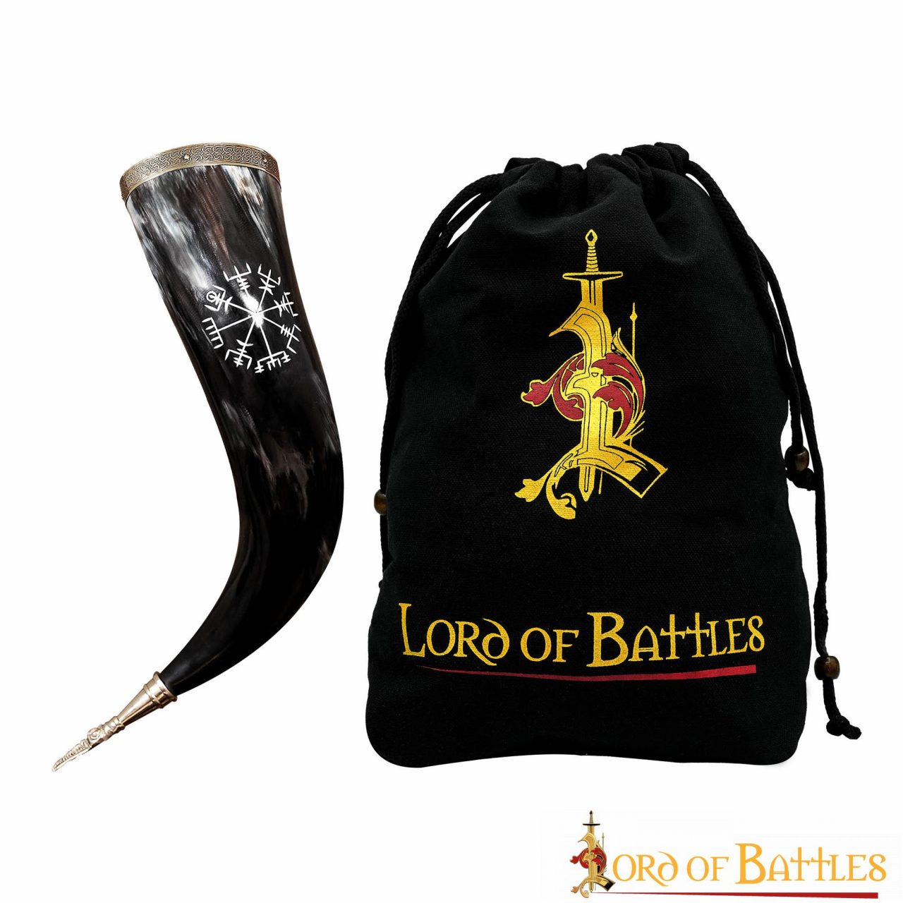 Cuerno Vikingo para Beber con Runa Vegvísir Grabada - Borde y Punta de Latón - Imagen 7