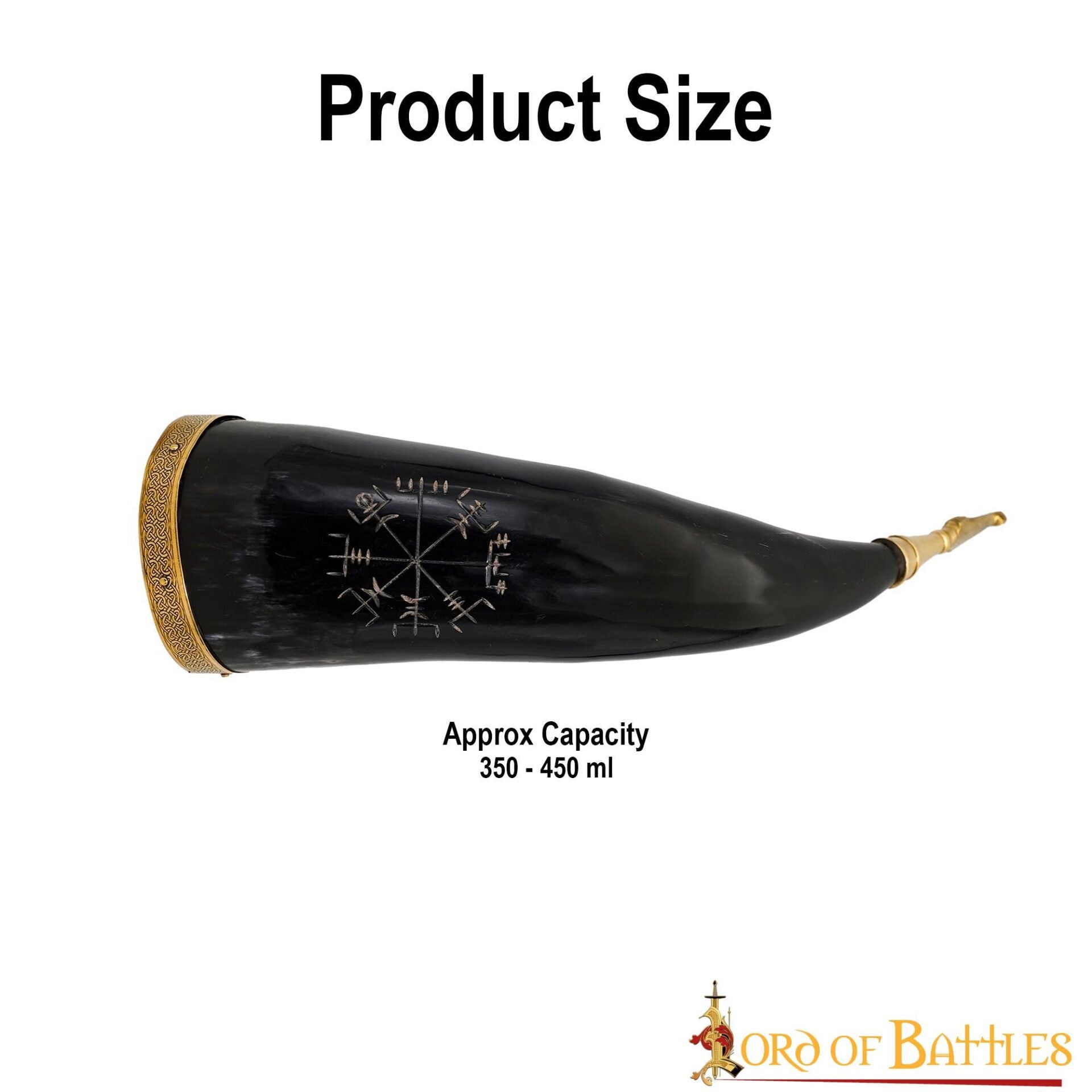 Cuerno Vikingo para Beber con Runa Vegvísir Grabada - Borde y Punta de Latón - Imagen 25