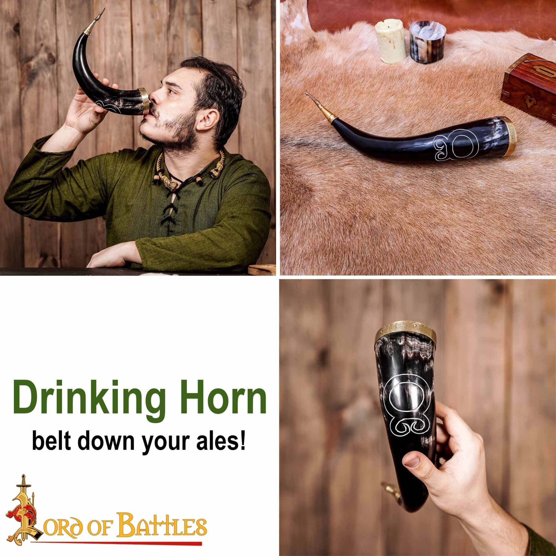 Troll Cross Viking Drinking Horn 300 - 400 Ml con Accesorios de Latón Puro Hechos a Mano con Auténtico Cuerno de Buey - Imagen 4