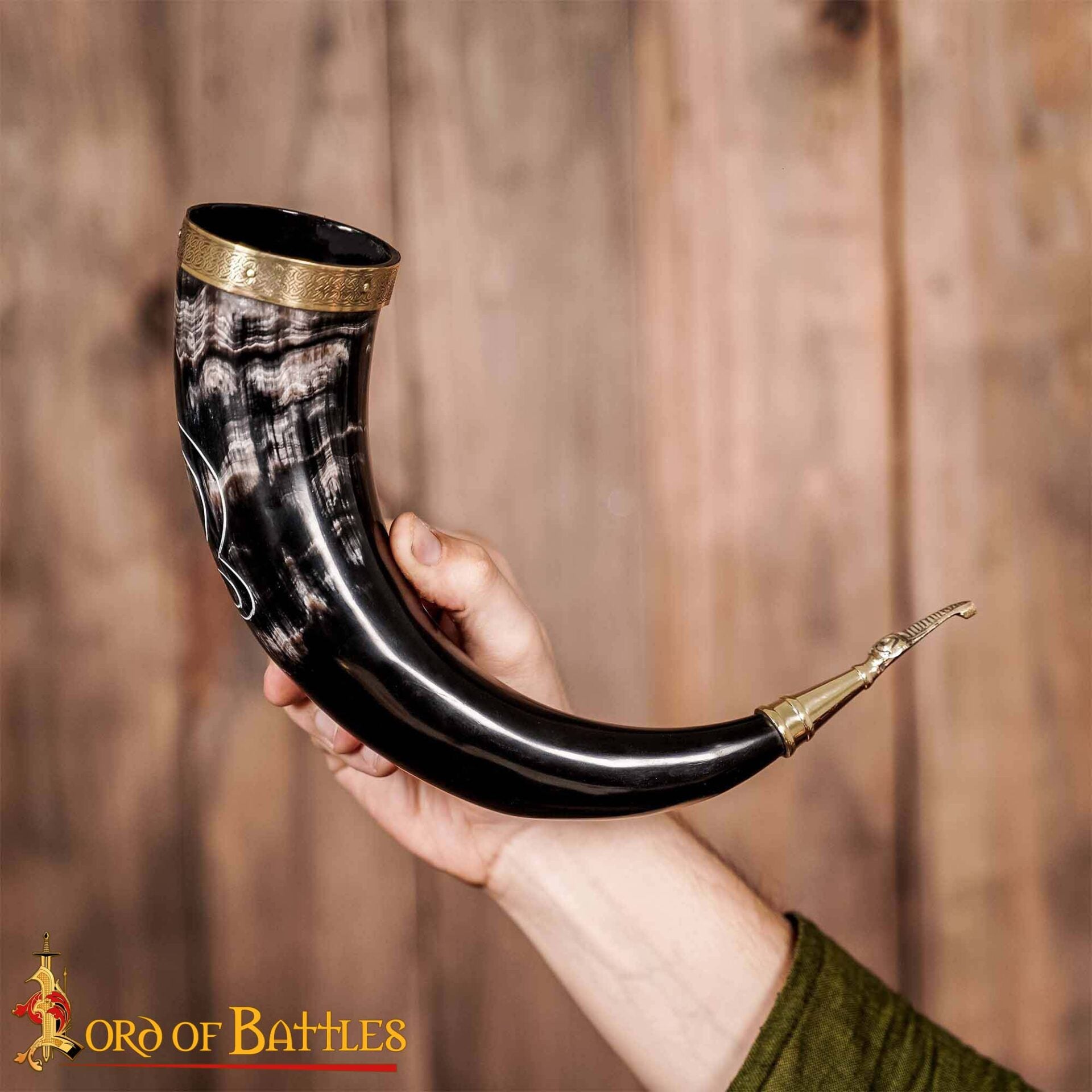 Troll Cross Viking Drinking Horn 300 - 400 Ml con Accesorios de Latón Puro Hechos a Mano con Auténtico Cuerno de Buey - Imagen 5
