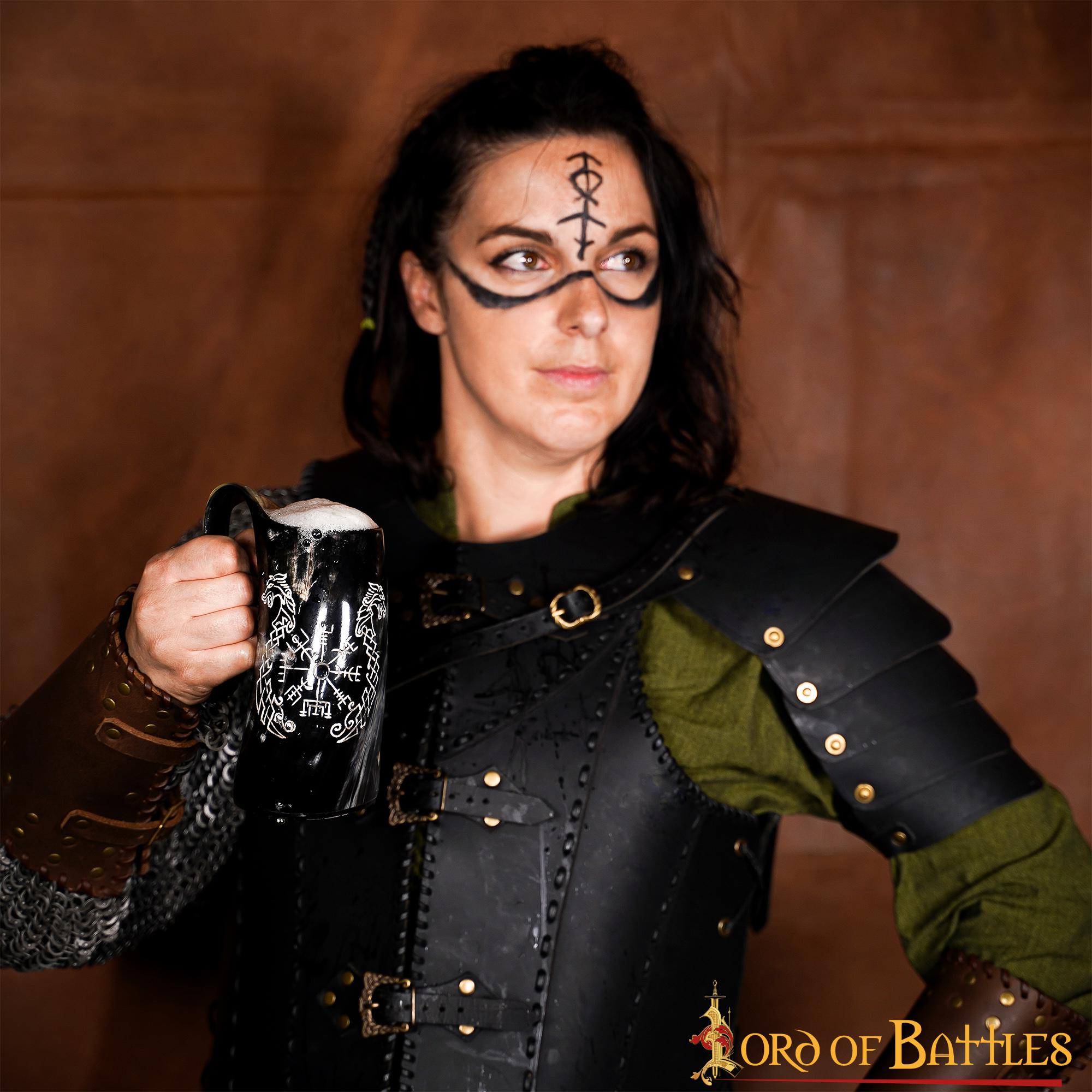 Taza de Cuerno Vikingo con Vegvisir y Grabado de Caballo Gemelo Taza de Cuerno de Buey Natural Pulido, Jarra para Hidromiel y Cerveza - Imagen 13