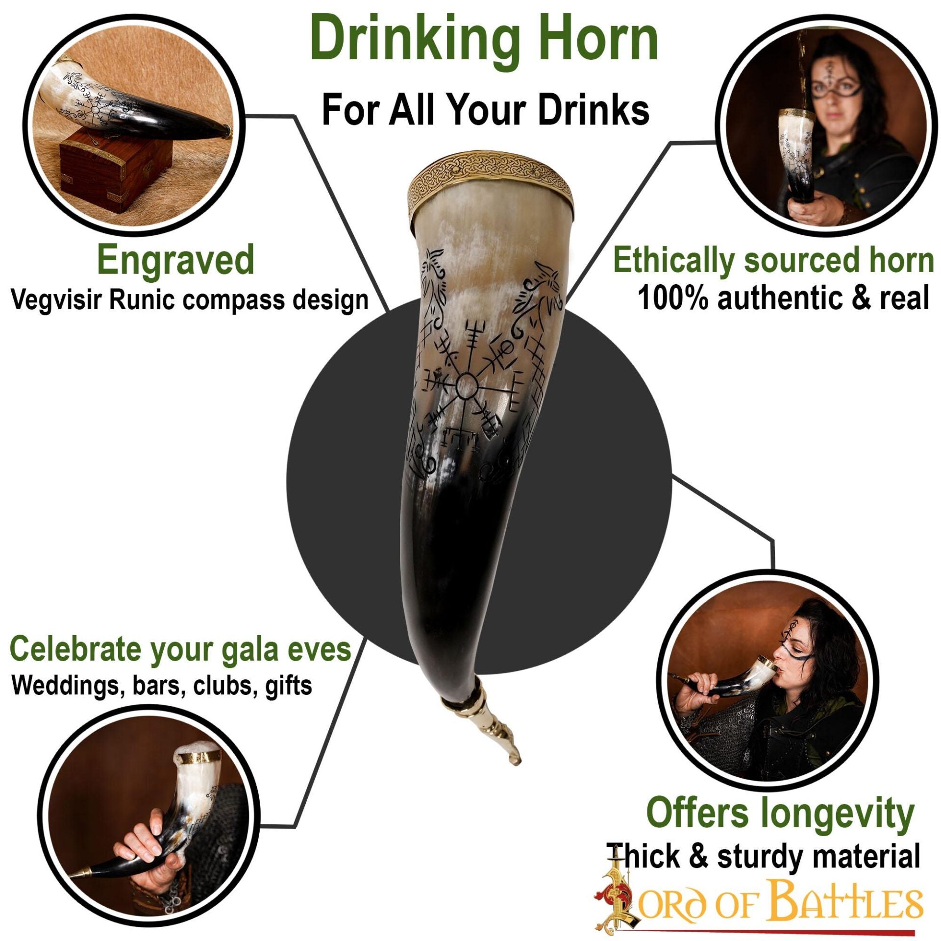Cuerno Vikingo para Beber con Brújula y Grabado de Jormungandr - Cuerno de Buey Hecho a Mano - Imagen 11