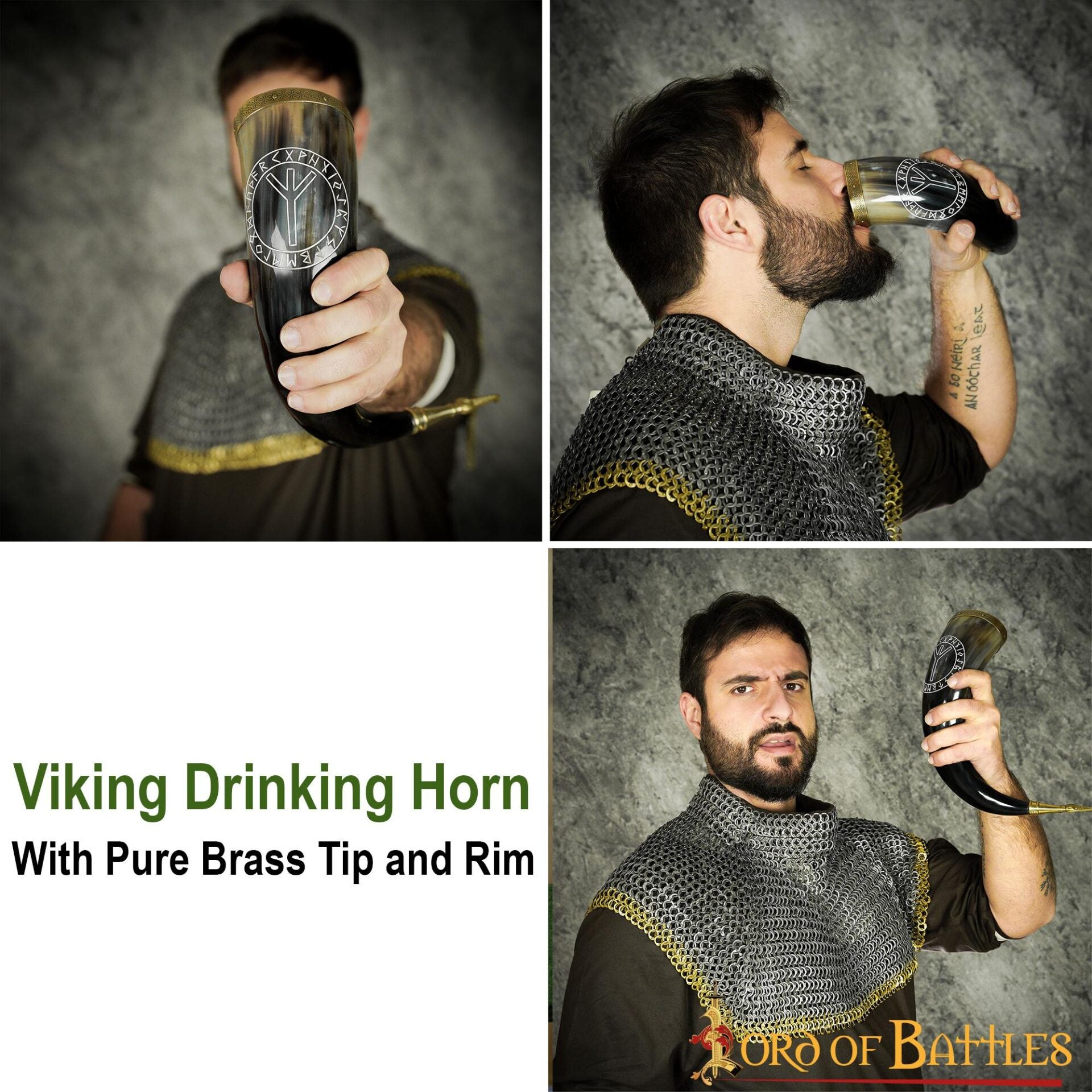 Cuerno Vikingo para Beber con Runa de Algiz - Cuerno de Buey Natural Pulido con Borde y Punta de Latón - Imagen 12