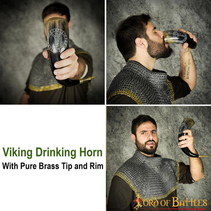 Cuerno Vikingo para Beber con Runa de Algiz - Cuerno de Buey Natural Pulido con Borde y Punta de Latón - Imagen 12