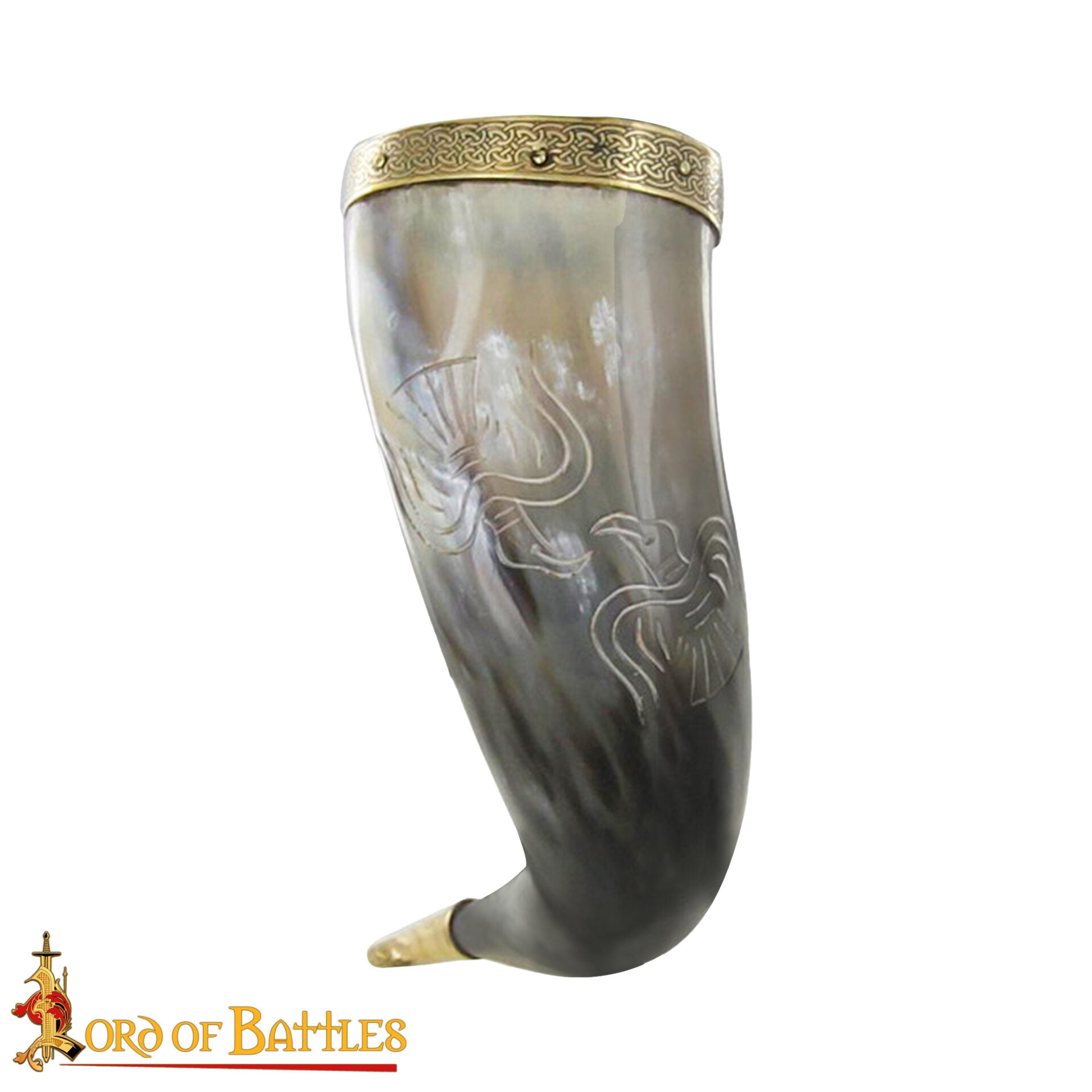 Cuerno para Beber Vikingo Grabado -cuerno de Buey Pulido con Borde y Punta de Latón | Motivo de Pájaro Nórdico - Imagen 7