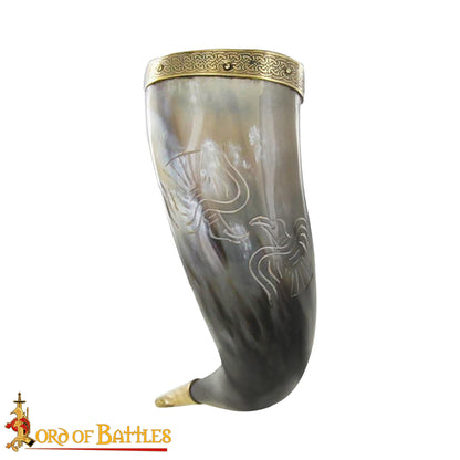 Cuerno para Beber Vikingo Grabado -cuerno de Buey Pulido con Borde y Punta de Latón | Motivo de Pájaro Nórdico - Imagen 7