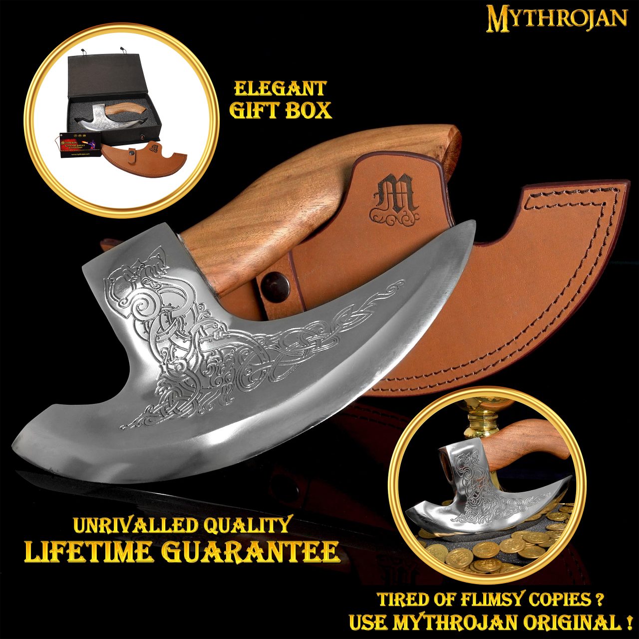 Mythrojan Hacha Vikinga para Pizza - Cortador de Pizza de Acero Inoxidable Forjado a Mano con Mango de Acacia Maciza y Funda de Cuero - Grabado Celta - Caja de Regalo - Imagen 7