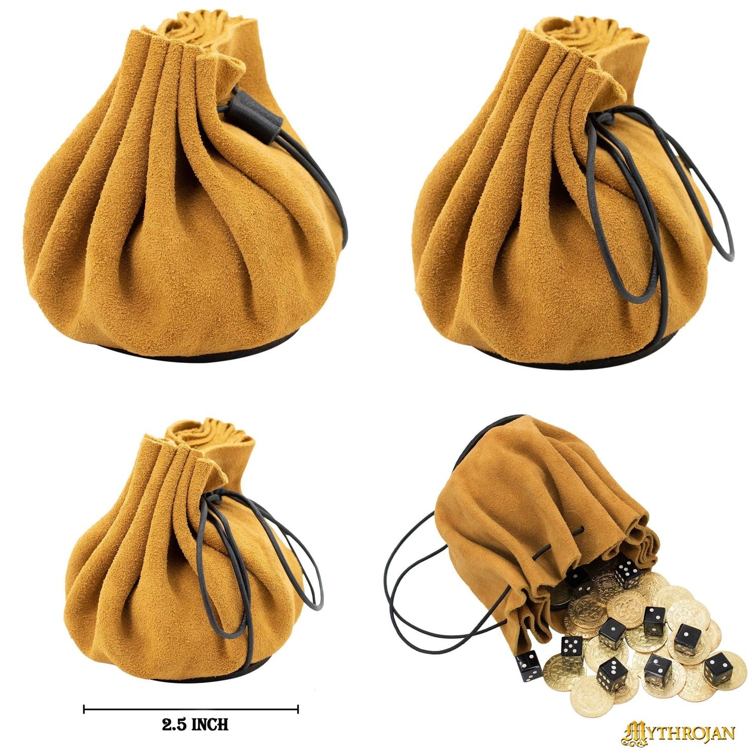 Mythrojan " Gold And Dice " Medieval Drawstring Pouch , Ideal For Sca Larp Reenactment & Ren Fair : Bolsa de Cuero de Gamuza , 2.5". - Imagen 2