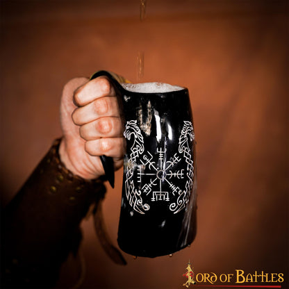 Taza de Cuerno Vikingo con Vegvisir y Grabado de Caballo Gemelo Taza de Cuerno de Buey Natural Pulido, Jarra para Hidromiel y Cerveza - Imagen 12