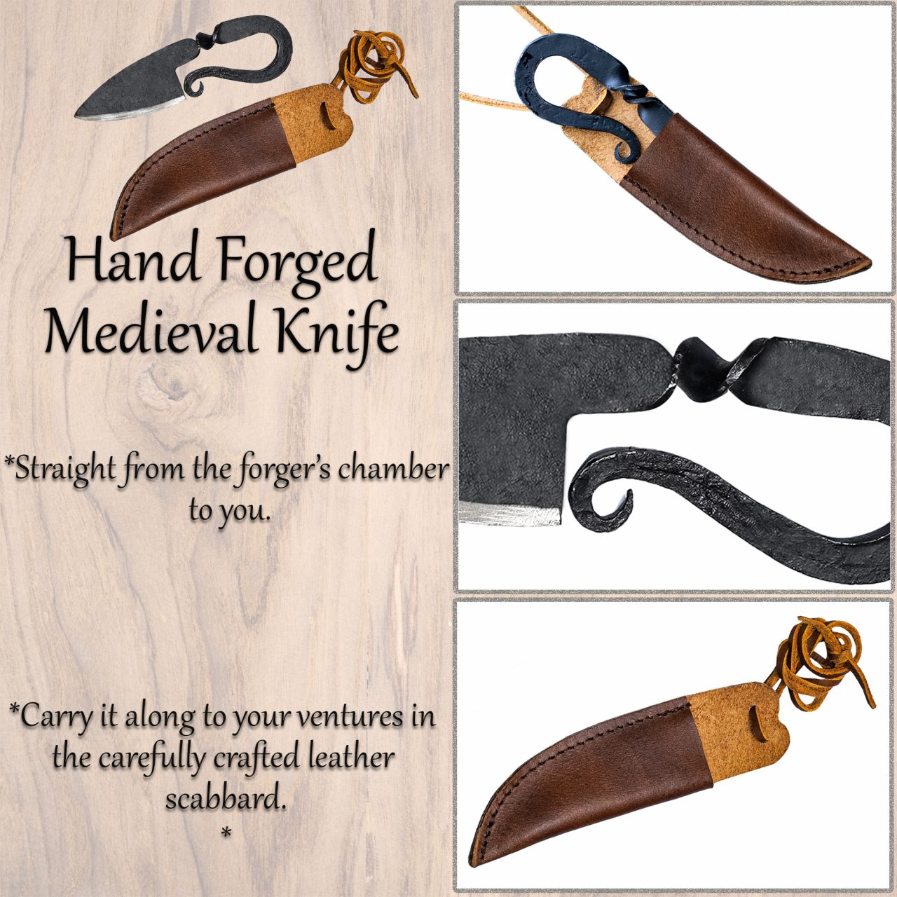 Cuchillo Medieval Forjado a Mano con Funda de Cuero Auténtico - Imagen 6