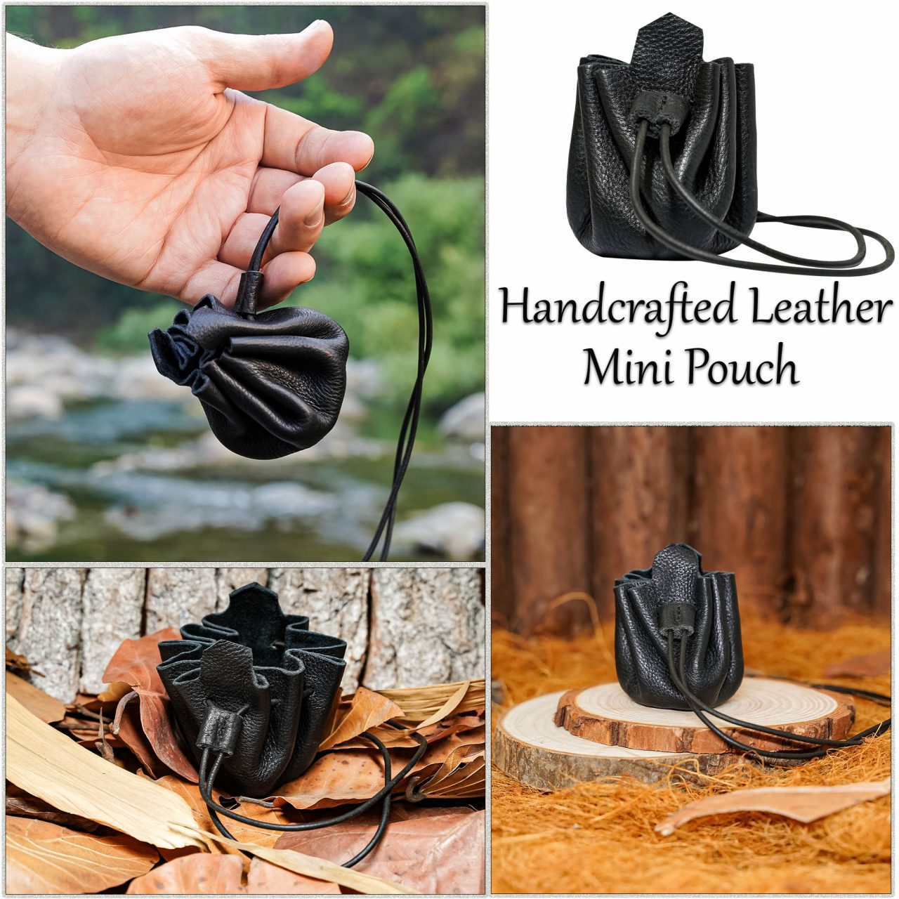 Monedero Pequeño de Cuero - Bolsita Artesanal Negra con Cordón para Monedas, Dados, Joyas - Imagen 16