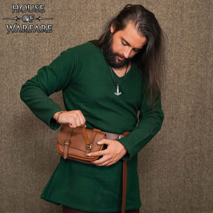 Riñonera Grande de Cuero Marrón Mercante - Bolsa Medieval con Hebillas Dobles de Latón - Imagen 13