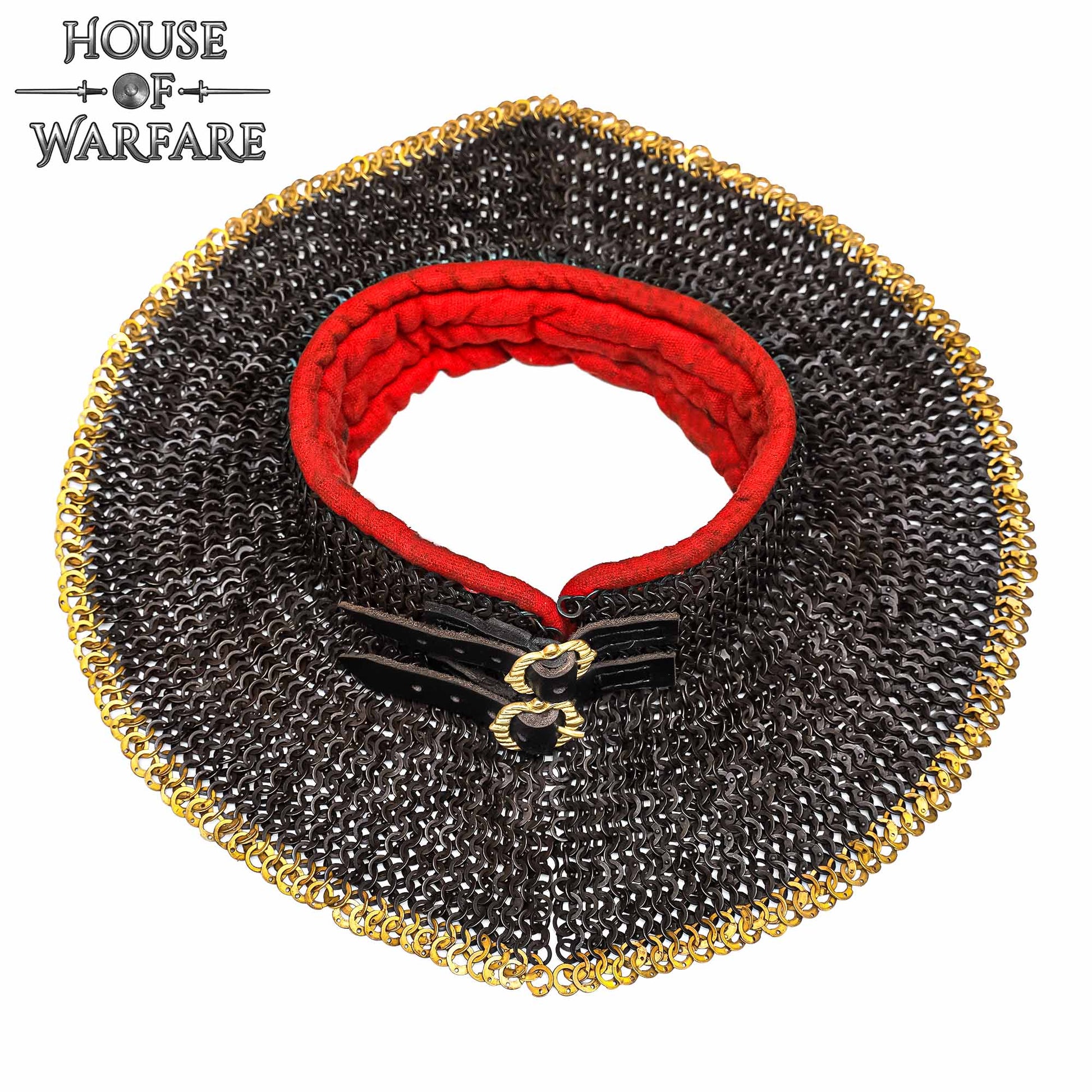 Cota de Malla Estándar "the Red Knight Gorget" - Anilla Plana Remachada de 9 Mm - Hebillas de Latón Macizo, Forro Acolchado, Resistente Forro Acolchado Rojo - Ideal para Combate en Escenarios y Recreaciones - Discontinued - Imagen 1