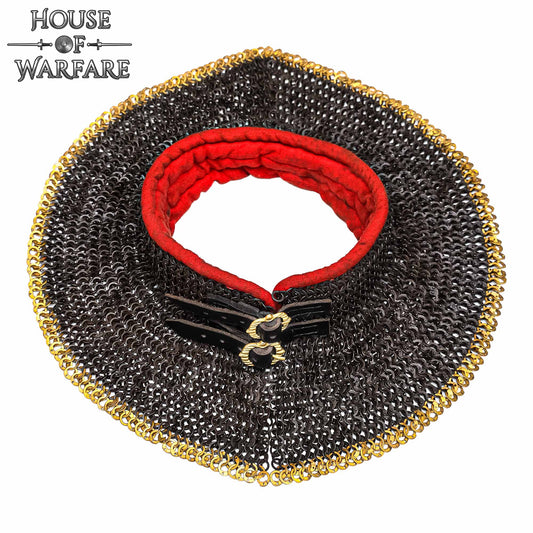 Cota de Malla Estándar "the Red Knight Gorget" - Anilla Plana Remachada de 9 Mm - Hebillas de Latón Macizo, Forro Acolchado, Resistente Forro Acolchado Rojo - Ideal para Combate en Escenarios y Recreaciones - Discontinued - Imagen 1