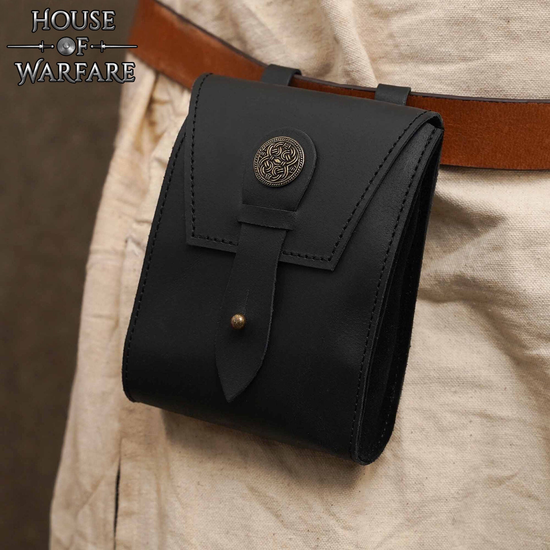 Riñonera Medieval de Cuero con Botón de Latón - Riñonera Negra para Larp y Kit Renacentista - Imagen 2