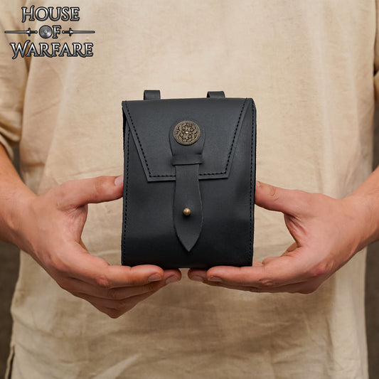 Riñonera Medieval de Cuero con Botón de Latón - Riñonera Negra para Larp y Kit Renacentista - Imagen 1