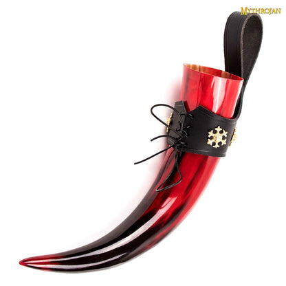 Taza Medieval para Beber Hidromiel 400ml Rojo Vikingo Cuerno de Buey con Soporte de Cuero Negro Pulido - Imagen 11