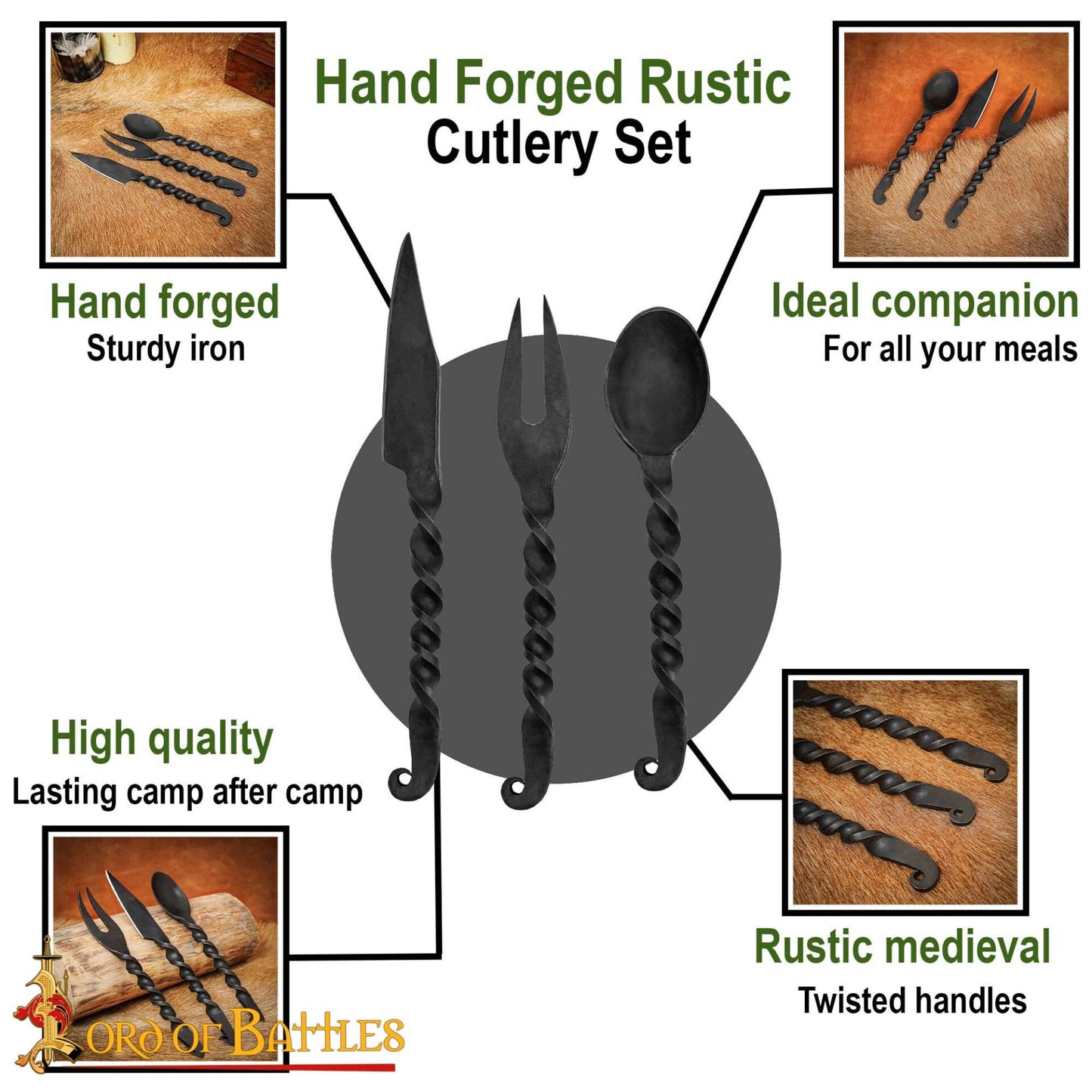 Juego de Cubiertos Medievales Forjados a Mano Cuchara, Tenedor y Cuchillo - Imagen 4