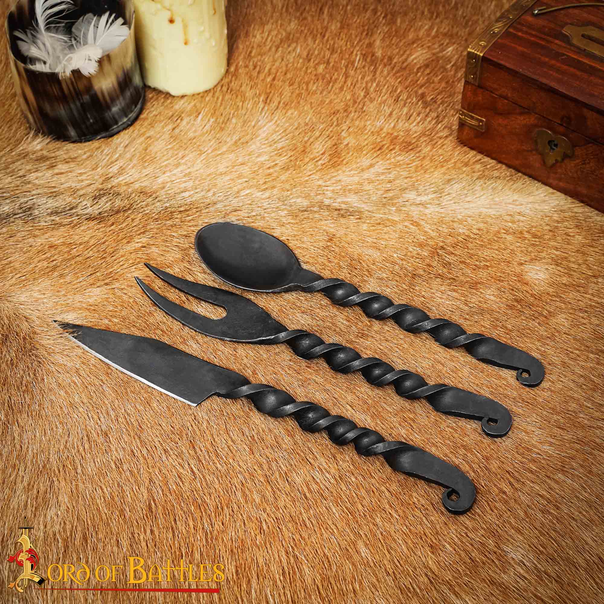 Juego de Cubiertos Medievales Forjados a Mano Cuchara, Tenedor y Cuchillo - Imagen 7
