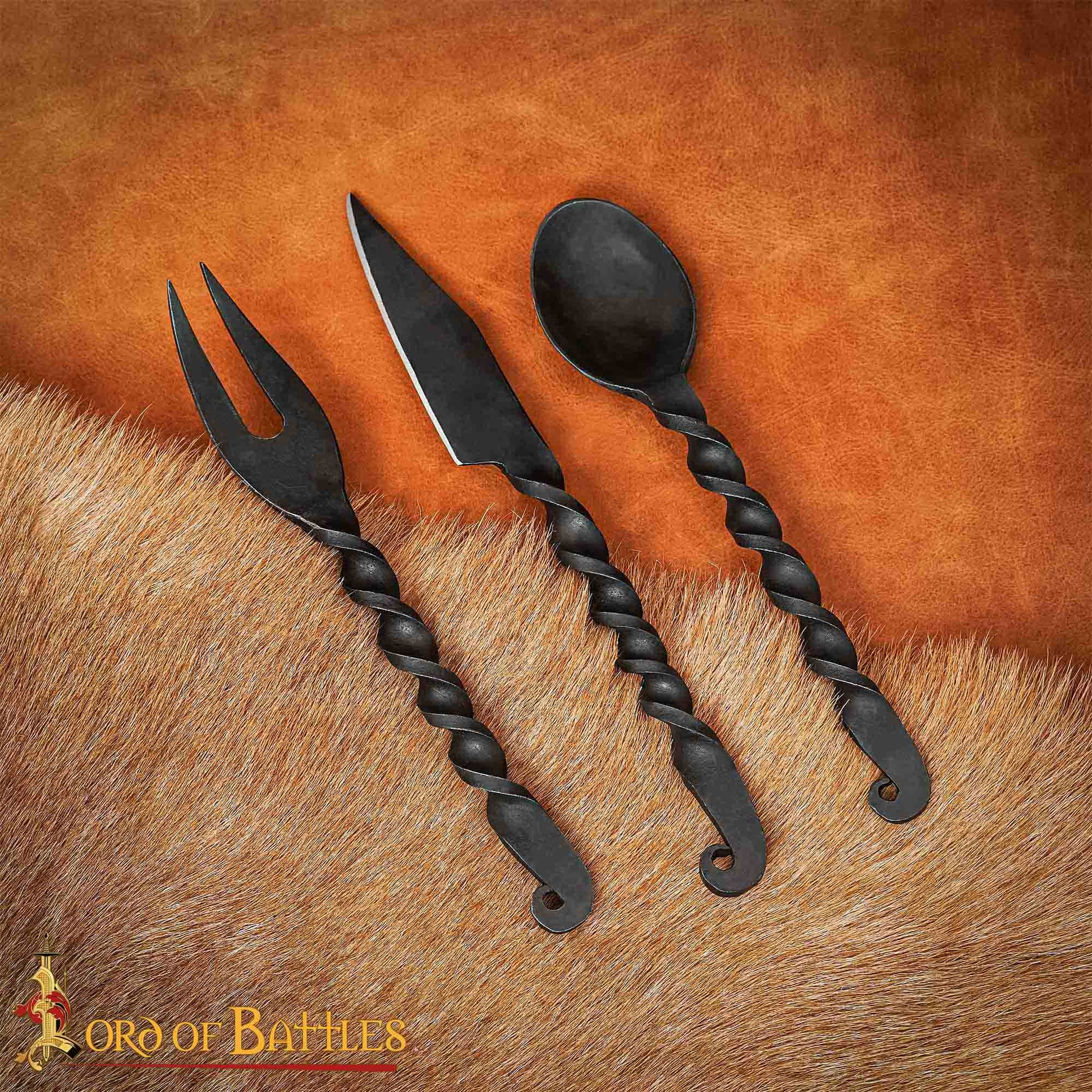 Juego de Cubiertos Medievales Forjados a Mano Cuchara, Tenedor y Cuchillo - Imagen 8
