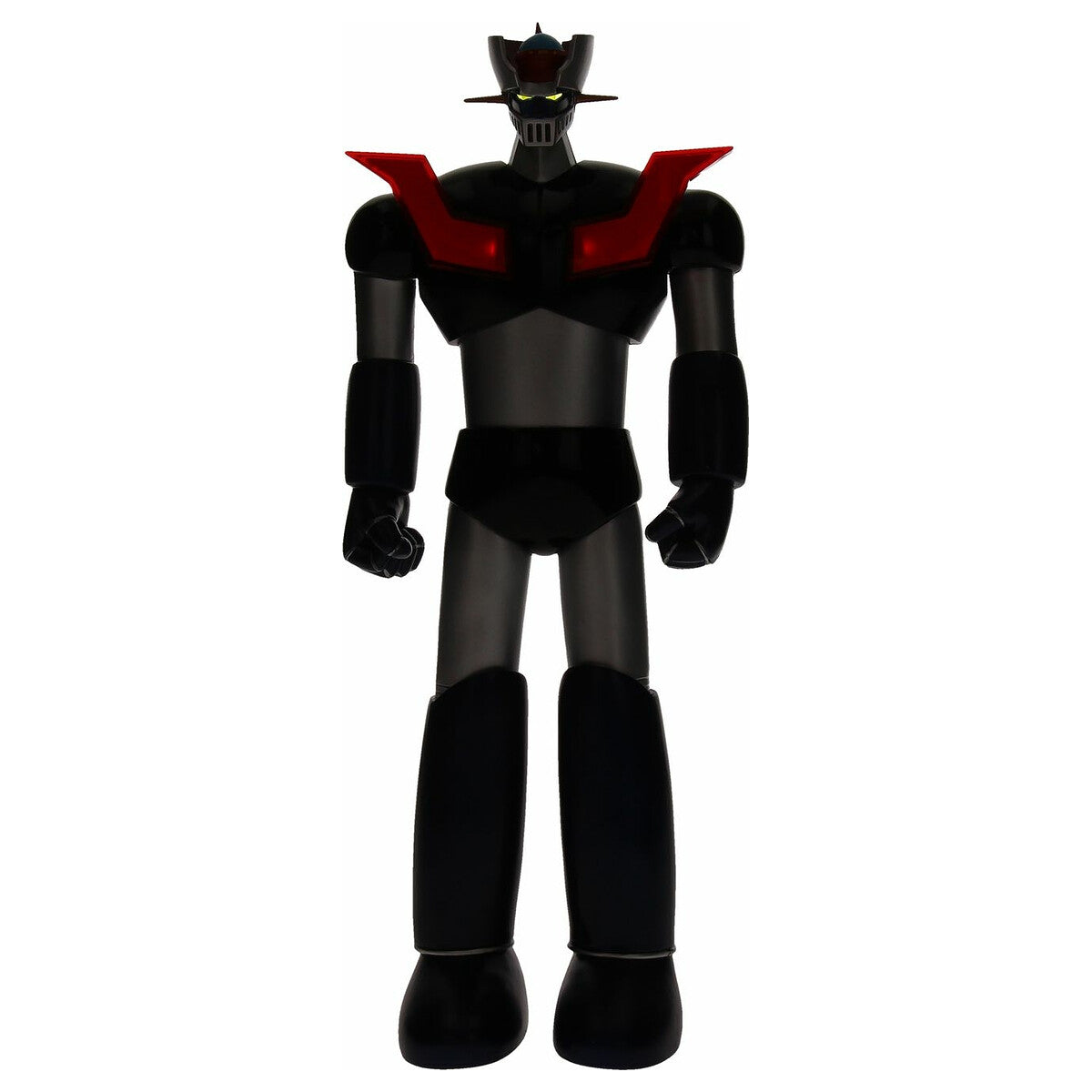 Detalle cabeza y pecho Mazinger Z negro con ojos amarillos iluminados
