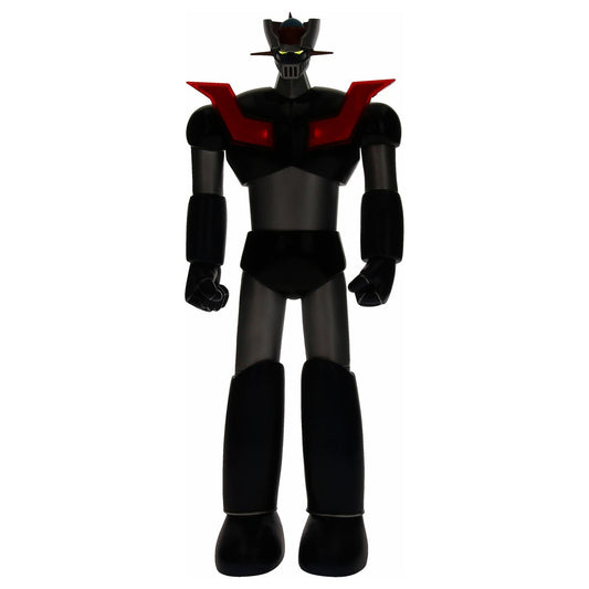Detalle cabeza y pecho Mazinger Z negro con ojos amarillos iluminados