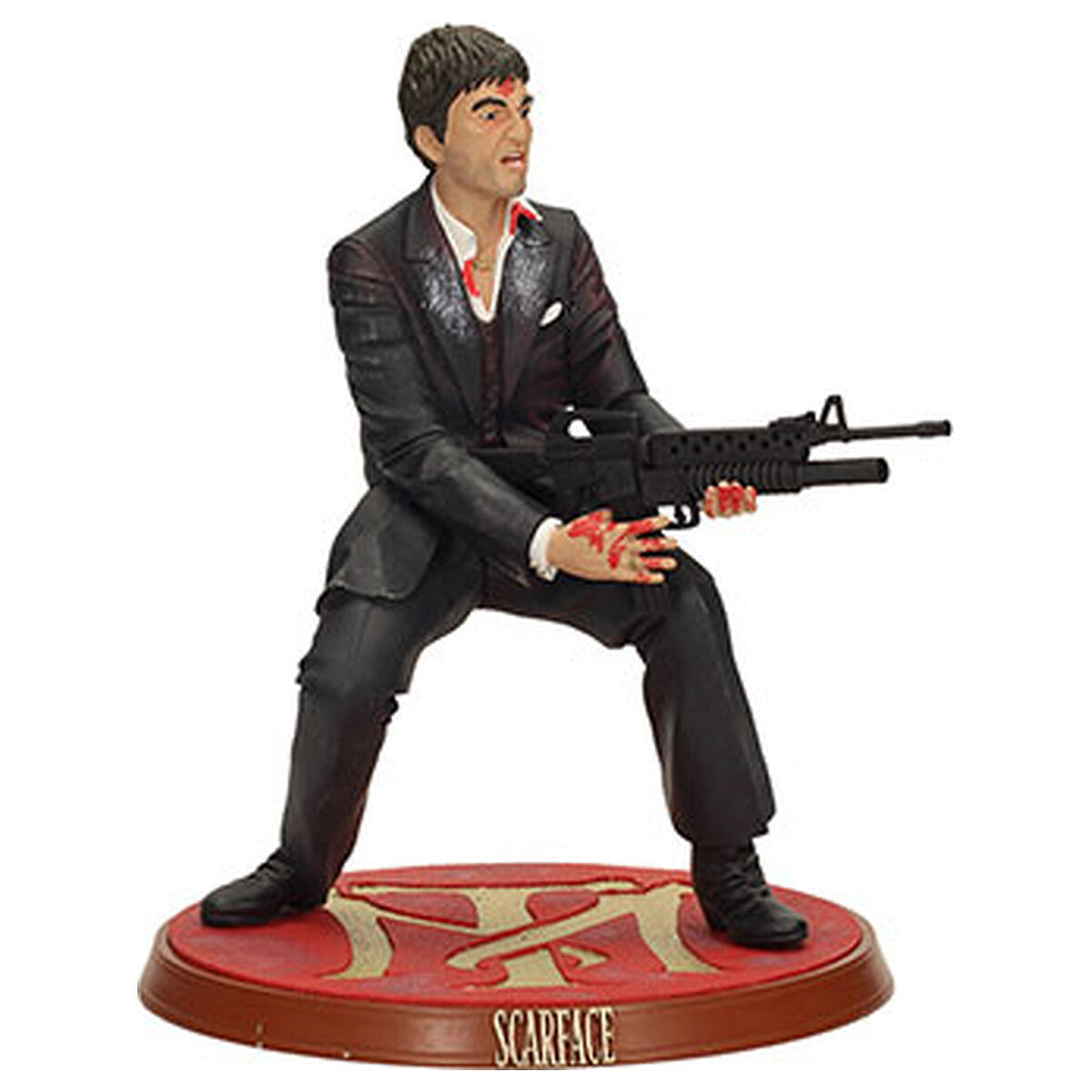 Figura Tony Montana sangre disparando Scarface 18 cm - vista frontal con base roja