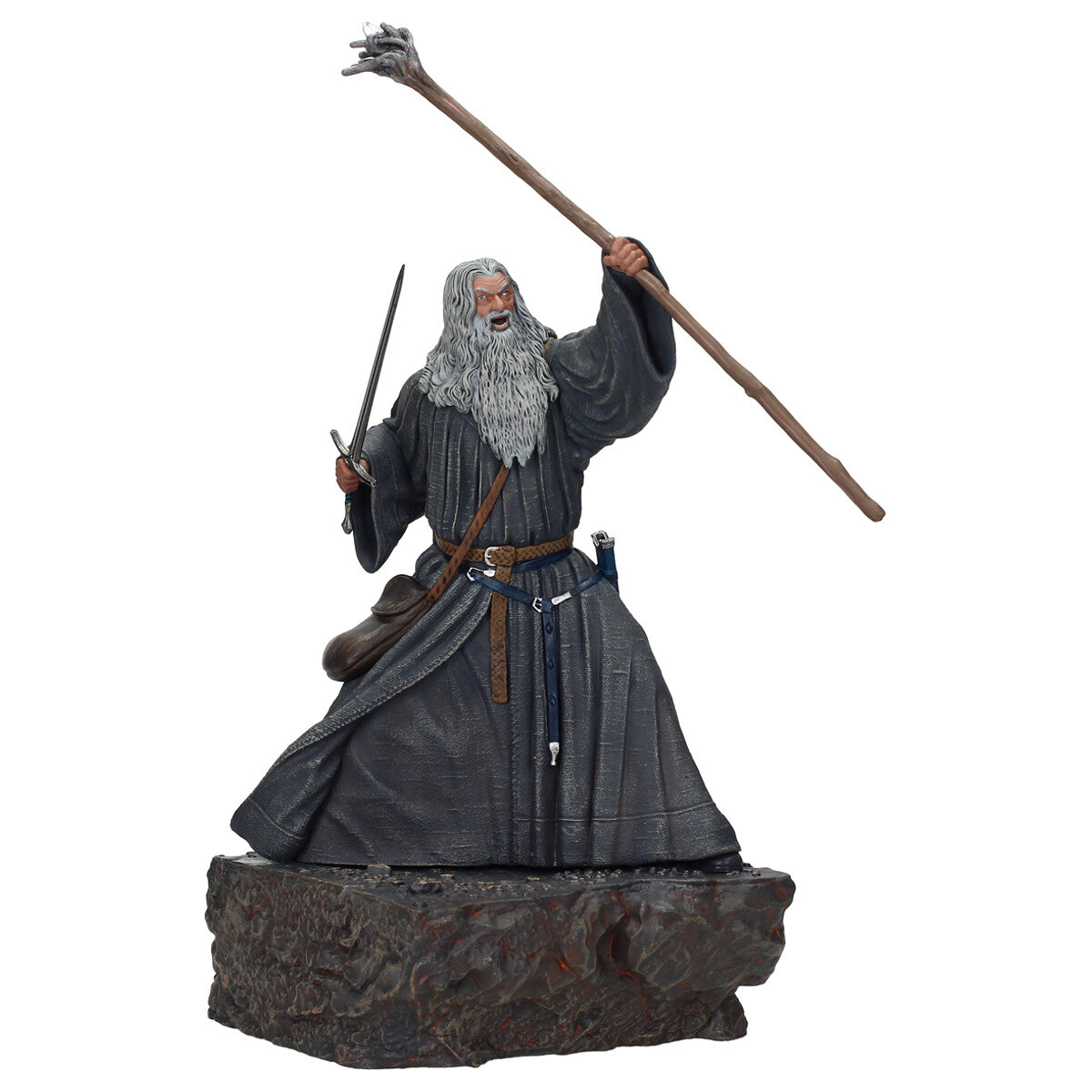 Figura Gandalf El Señor de los Anillos Movie Icons - vista frontal con bastón y Glamdring