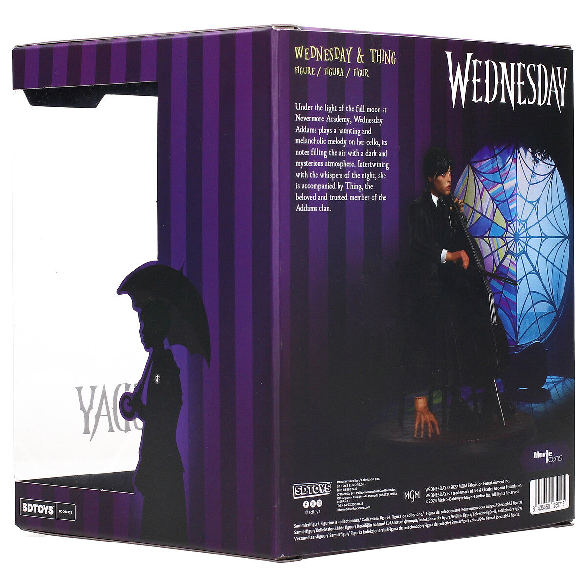 Figura Wednesday tocando el chelo - vista frontal completa con silla negra