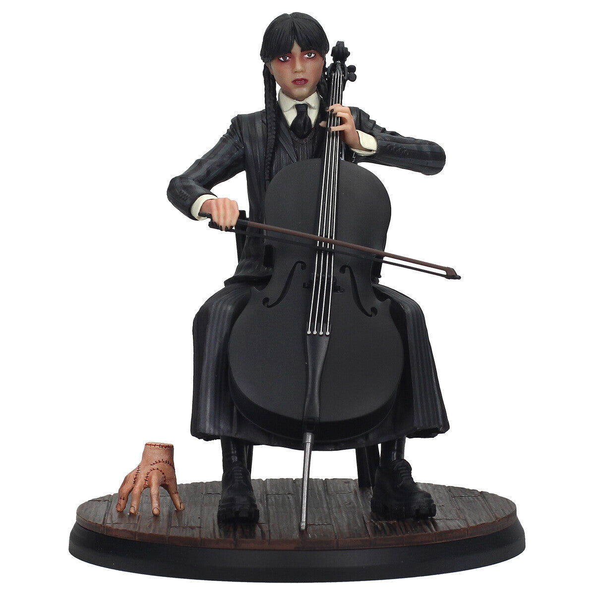 Figura Wednesday Addams - vista lateral con chelo negro y arco