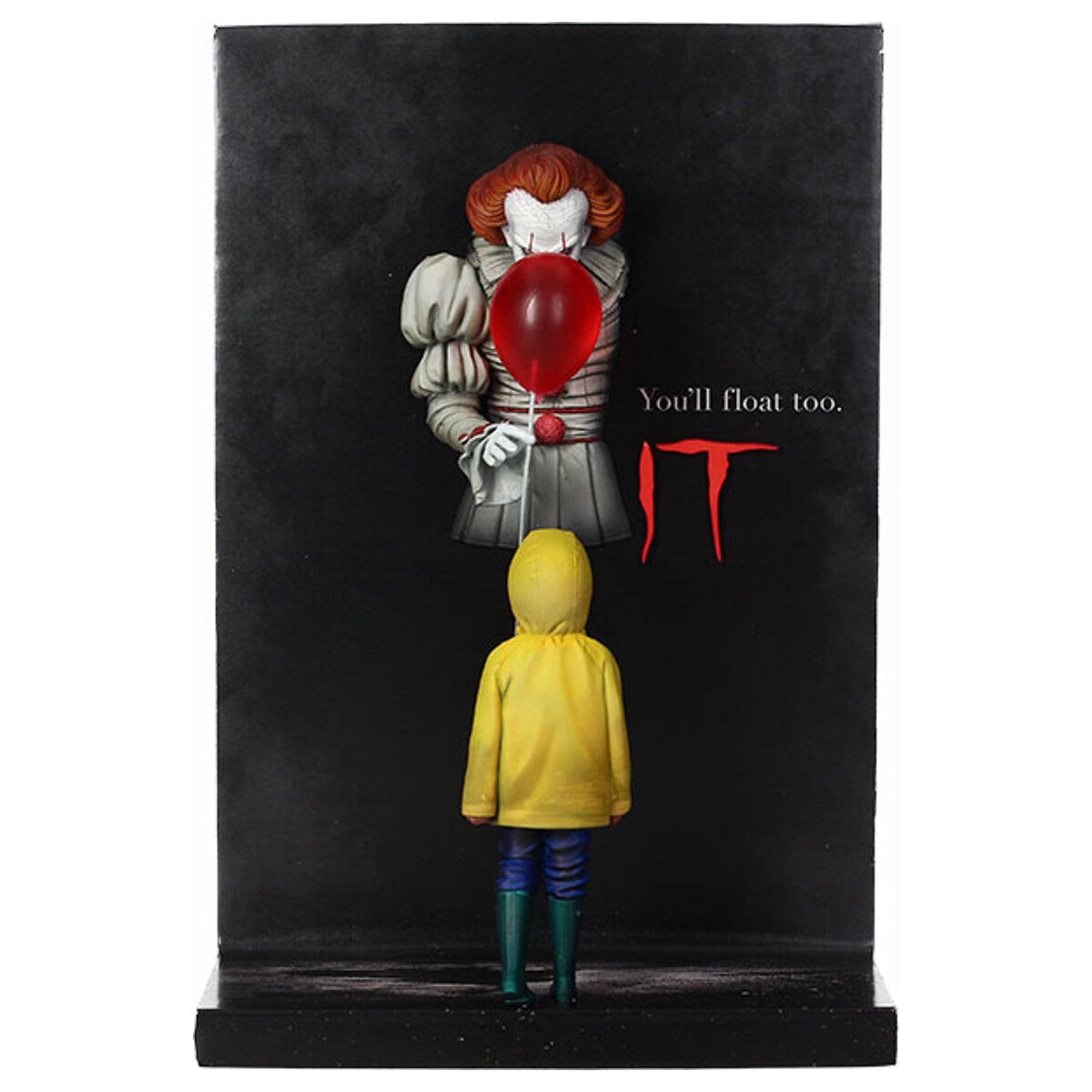 Figura póster Pennywise y George IT - vista frontal con globo rojo y panel negro