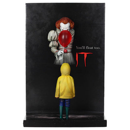 Figura póster Pennywise y George IT - vista frontal con globo rojo y panel negro