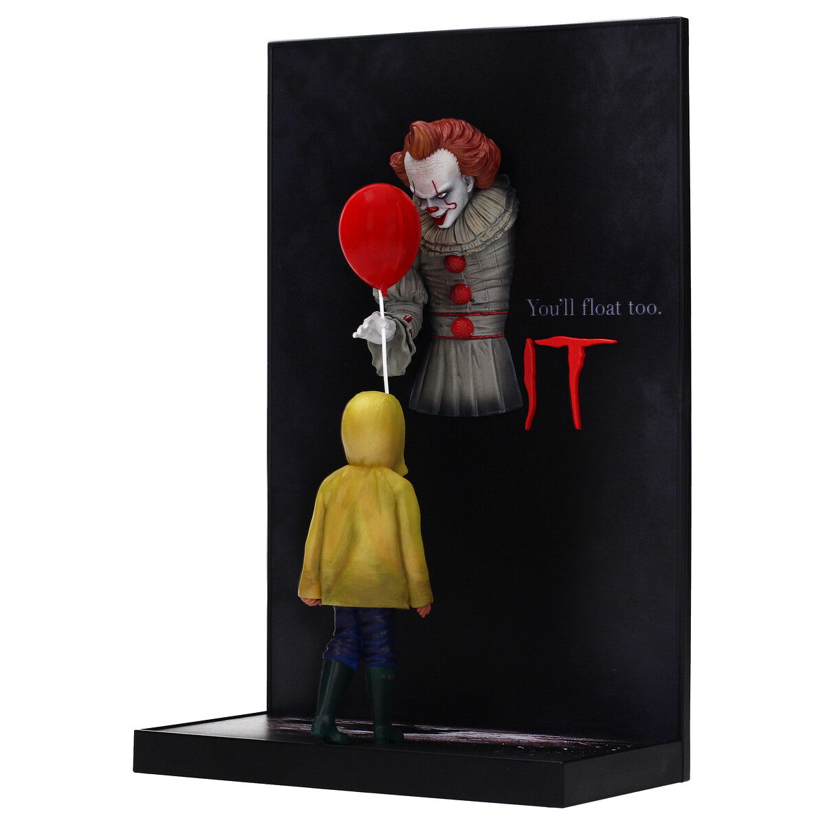 Vista lateral izquierda - figura póster Pennywise y George IT con base negra