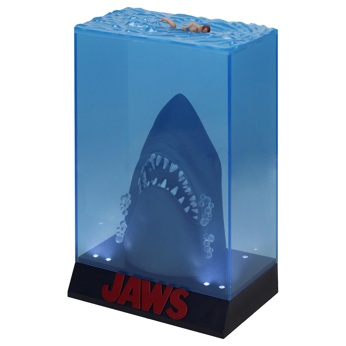 Diorama 3D con luz JAWS Tiburón 50 Aniversario - vista frontal con LEDs encendidos y logo rojo