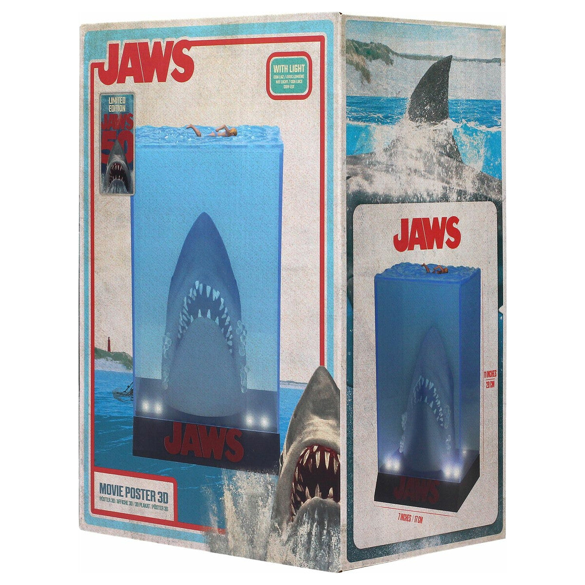 Diorama JAWS - vista lateral izquierda con base negra y logo JAWS en rojo