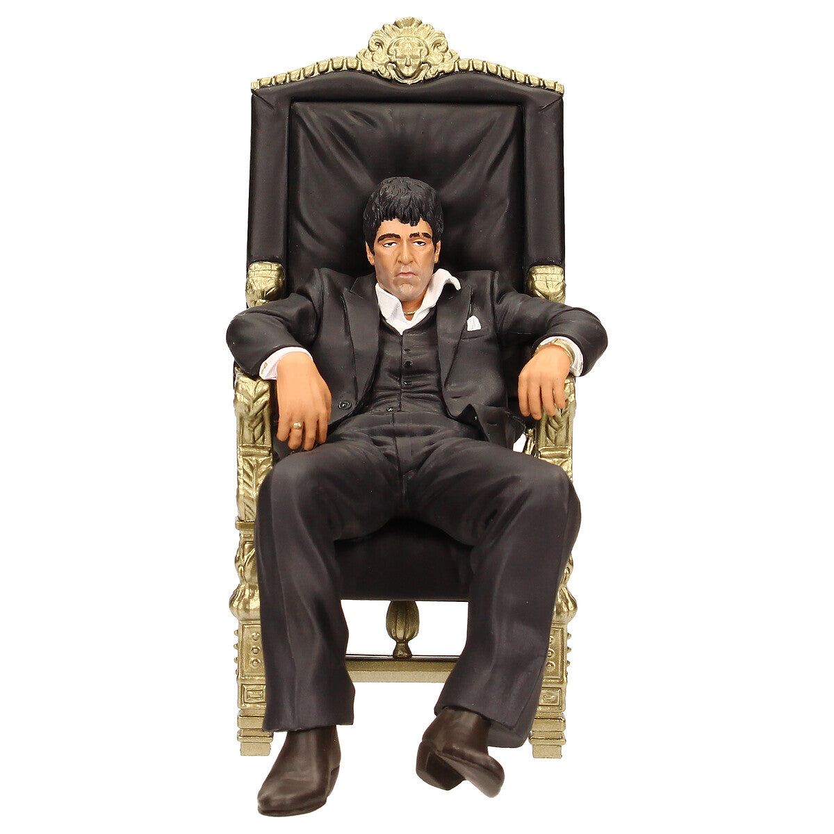 Figura Tony Montana Scarface - vista lateral derecha con trono barroco negro y dorado