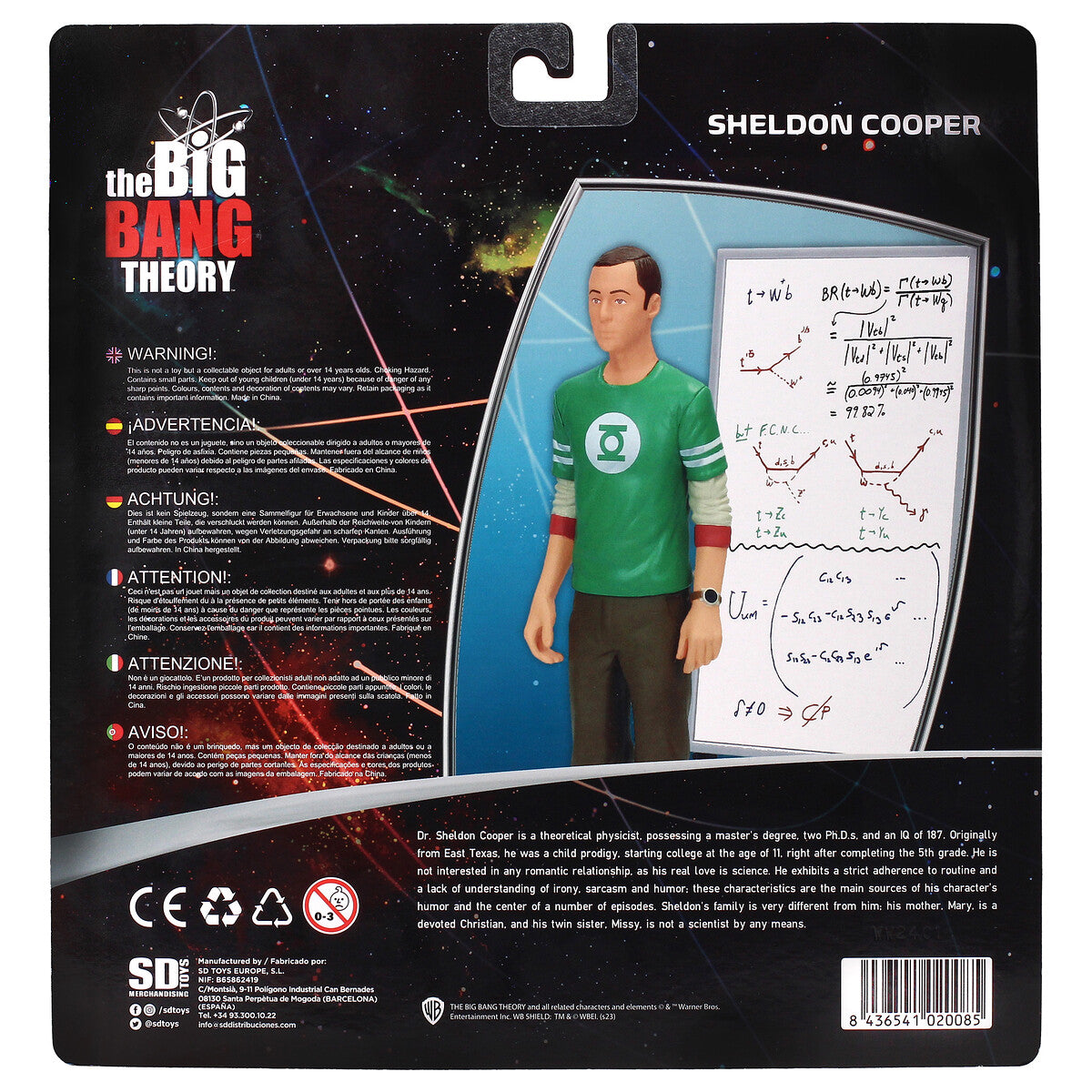 Figura Sheldon Cooper - vista lateral con bolso bandolera marrón y pizarra con fórmulas