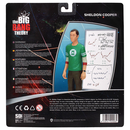 Figura Sheldon Cooper - vista lateral con bolso bandolera marrón y pizarra con fórmulas