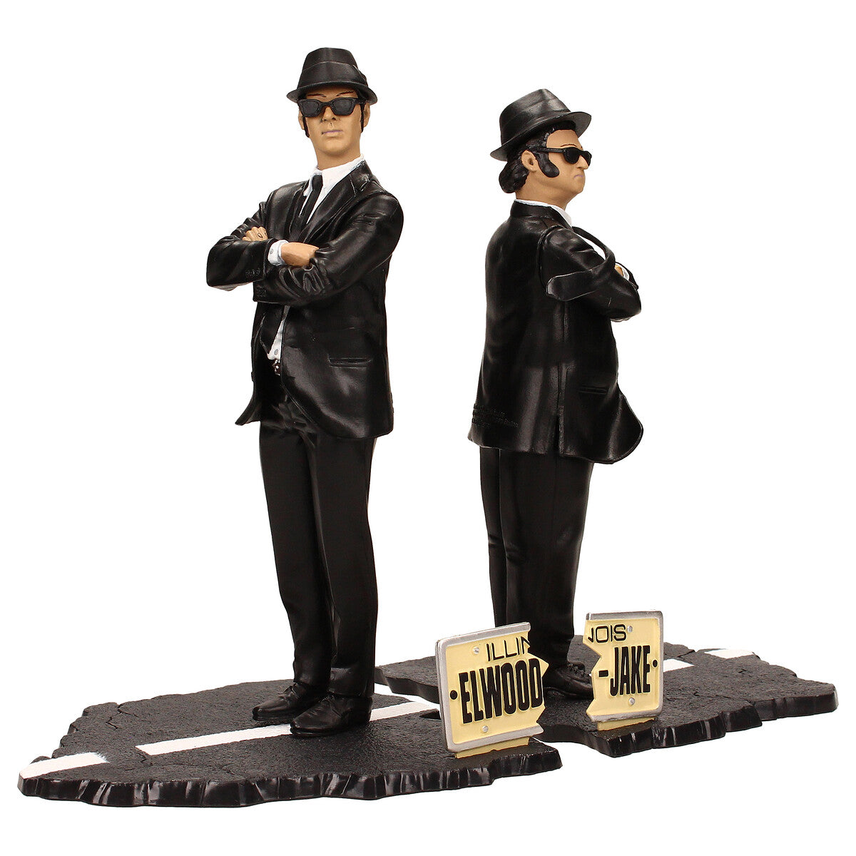 Detalle rostros Elwood y Jake Blues - traje negro, sombrero fedora y gafas de sol