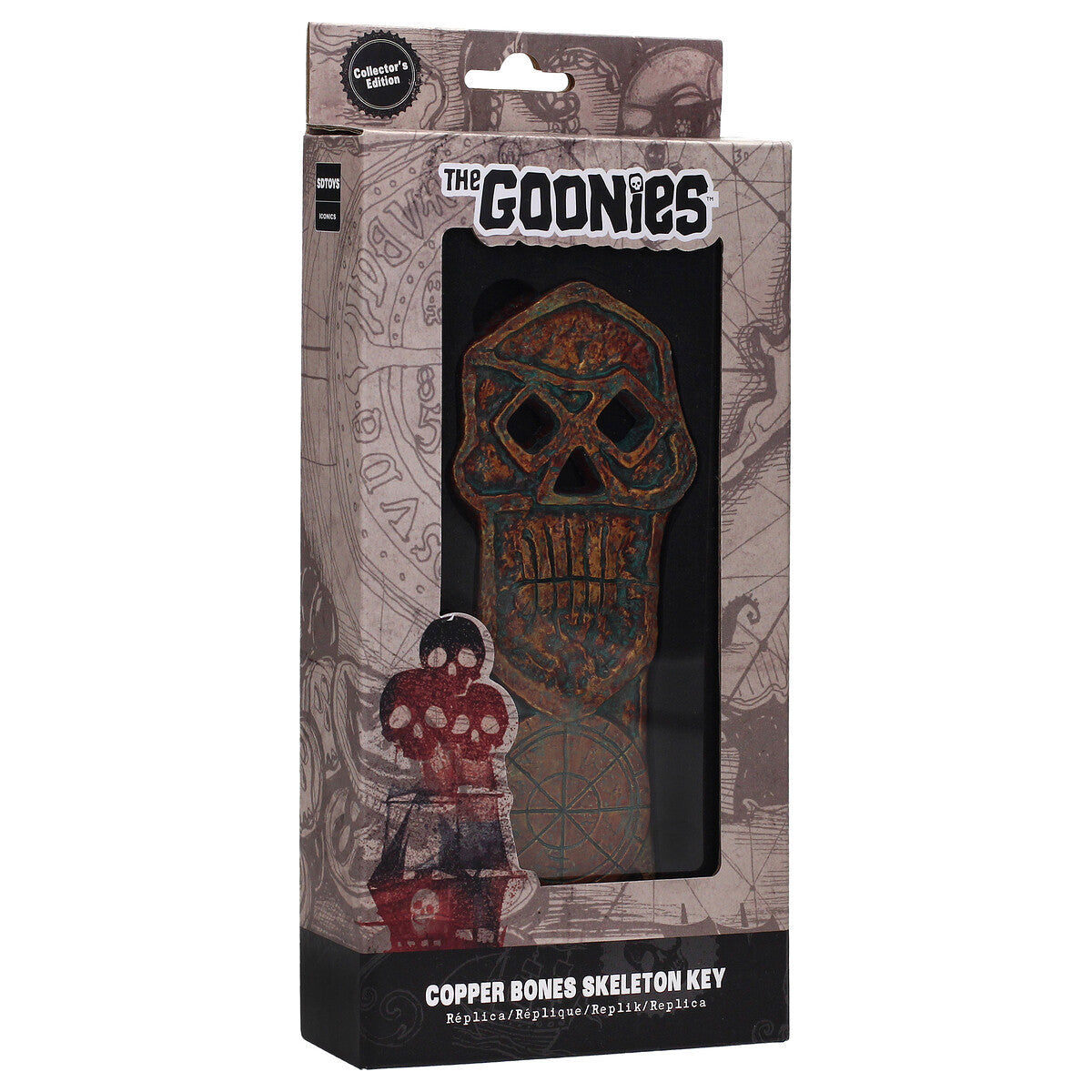 Detalle frontal llave esqueleto - calavera con ojos romboidales calados y rosa de los vientos grabada